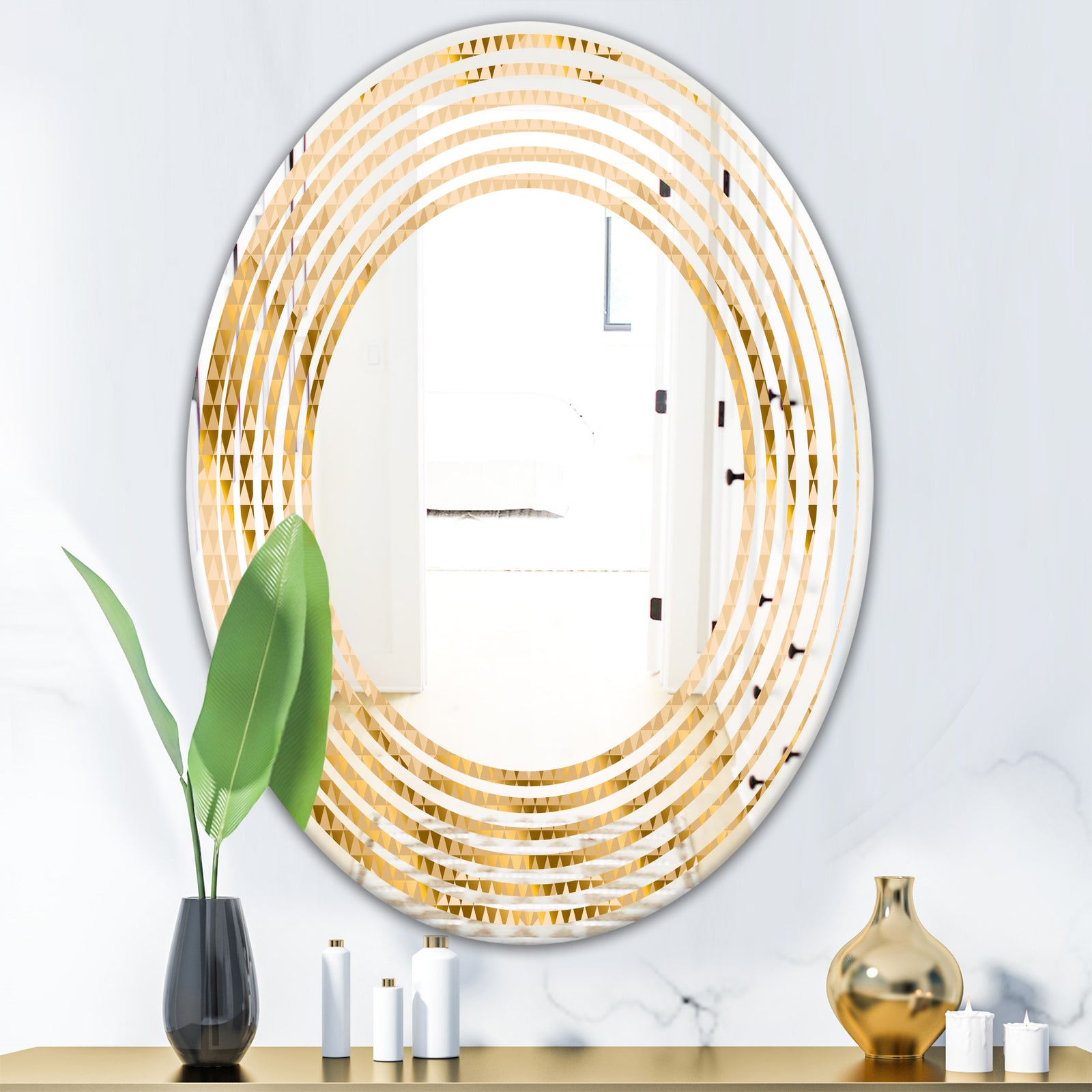 Golden Triangular Wavess I - Modern Round or Oval Wall Mirror - Wave
