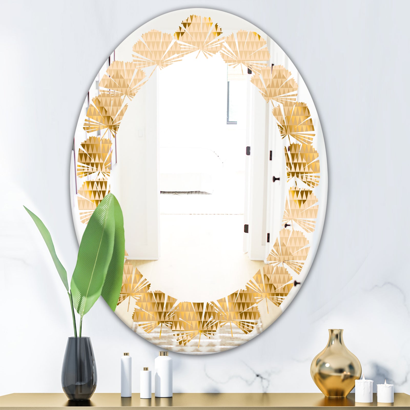 Golden Triangular Wavess I - Modern Round or Oval Wall Mirror - Leaves