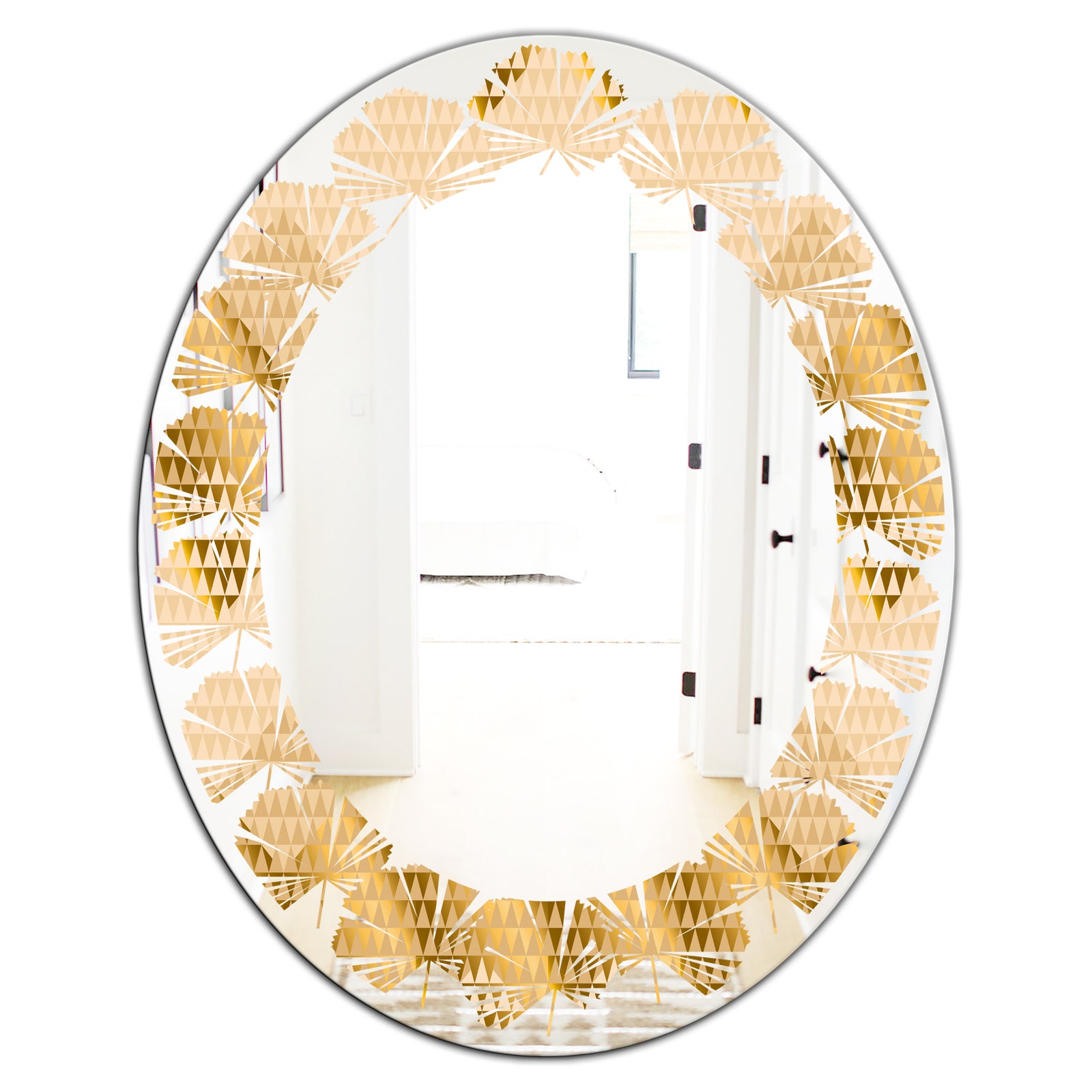 Golden Triangular Wavess I - Modern Round or Oval Wall Mirror - Leaves