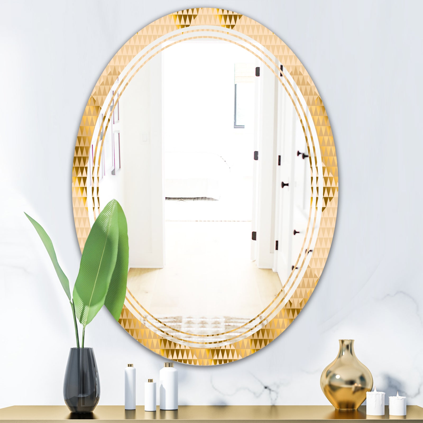 Golden Triangular Wavess I - Modern Round or Oval Wall Mirror - Triple C