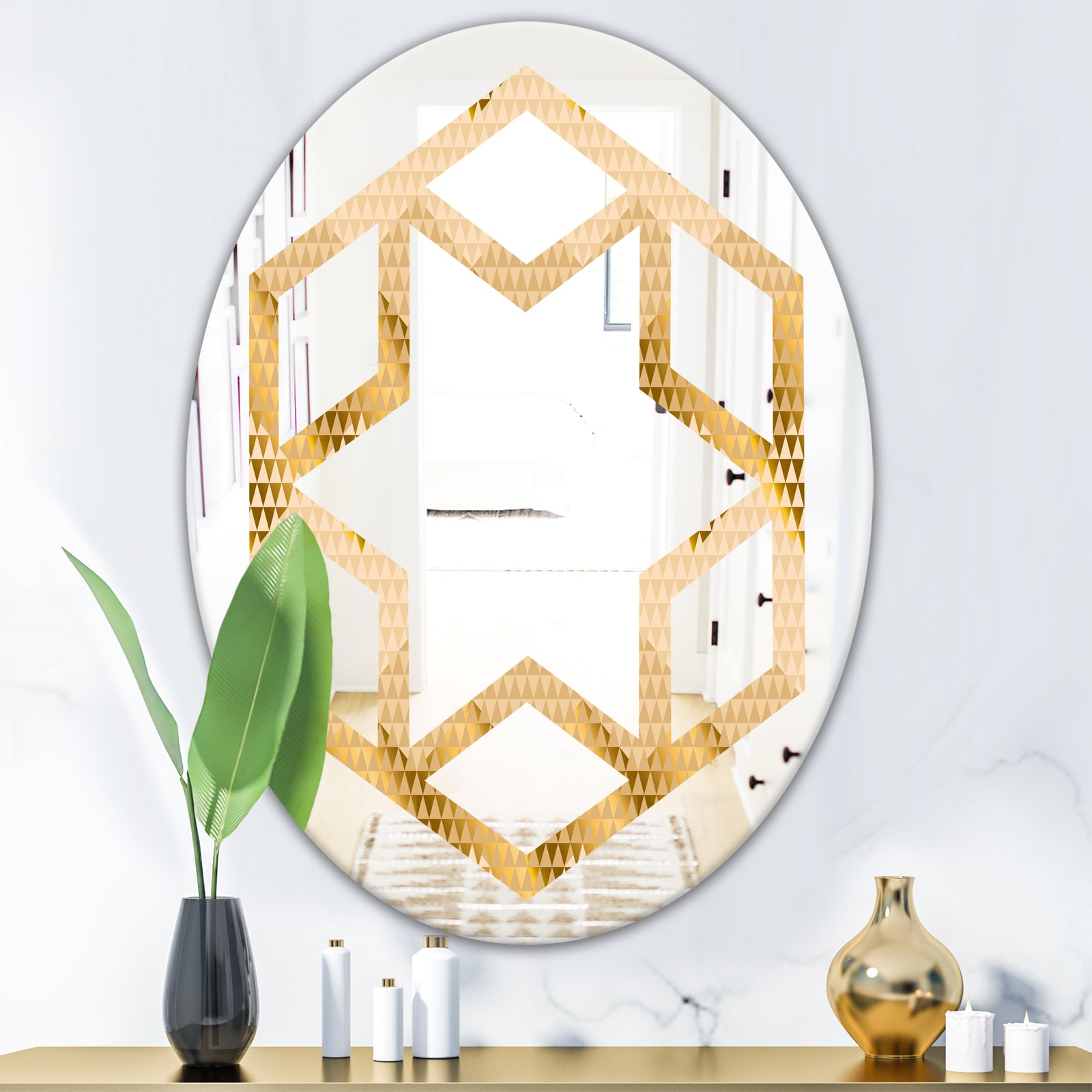 Golden Triangular Wavess I - Modern Round or Oval Wall Mirror - Hexagon Star