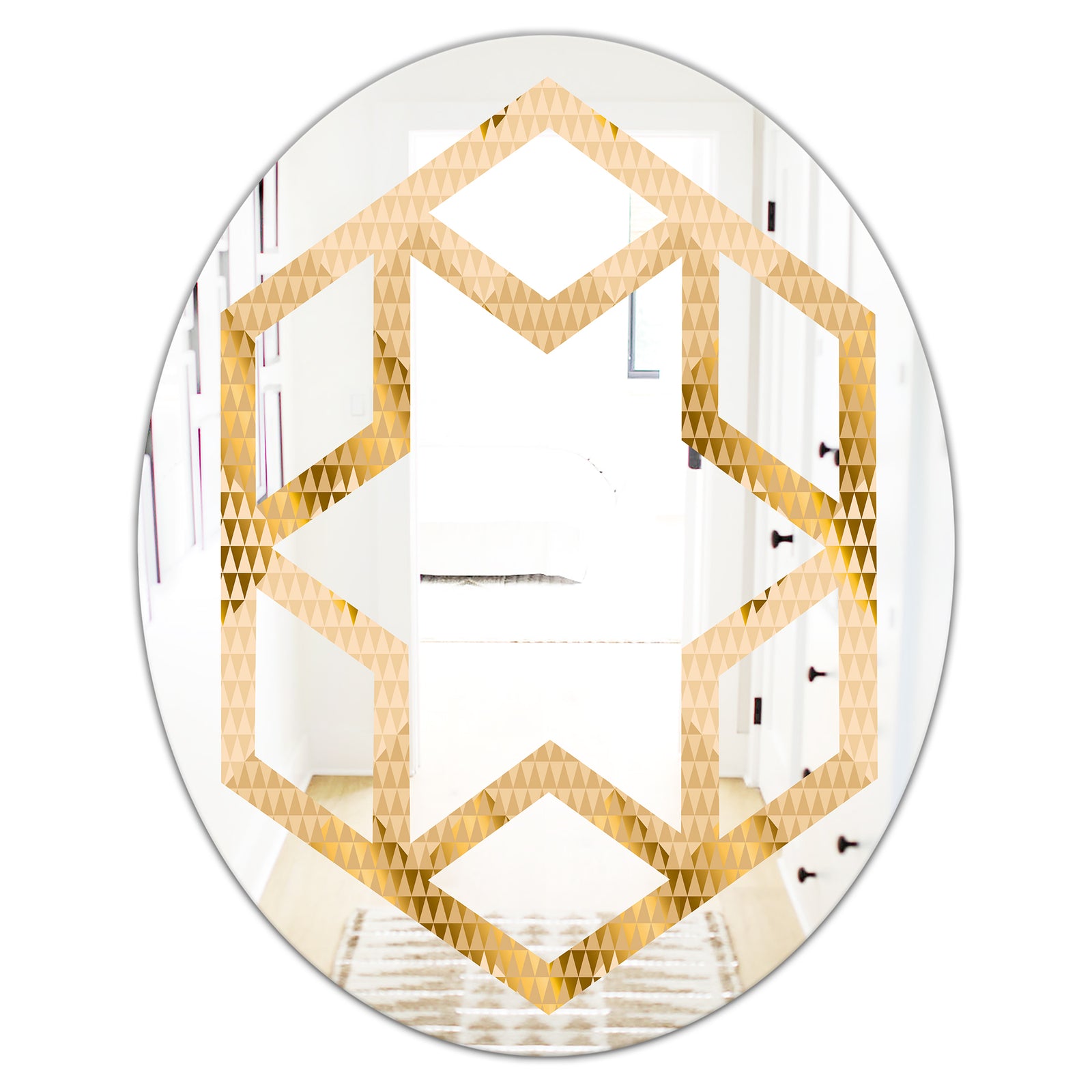 Golden Triangular Wavess I - Modern Round or Oval Wall Mirror - Hexagon Star