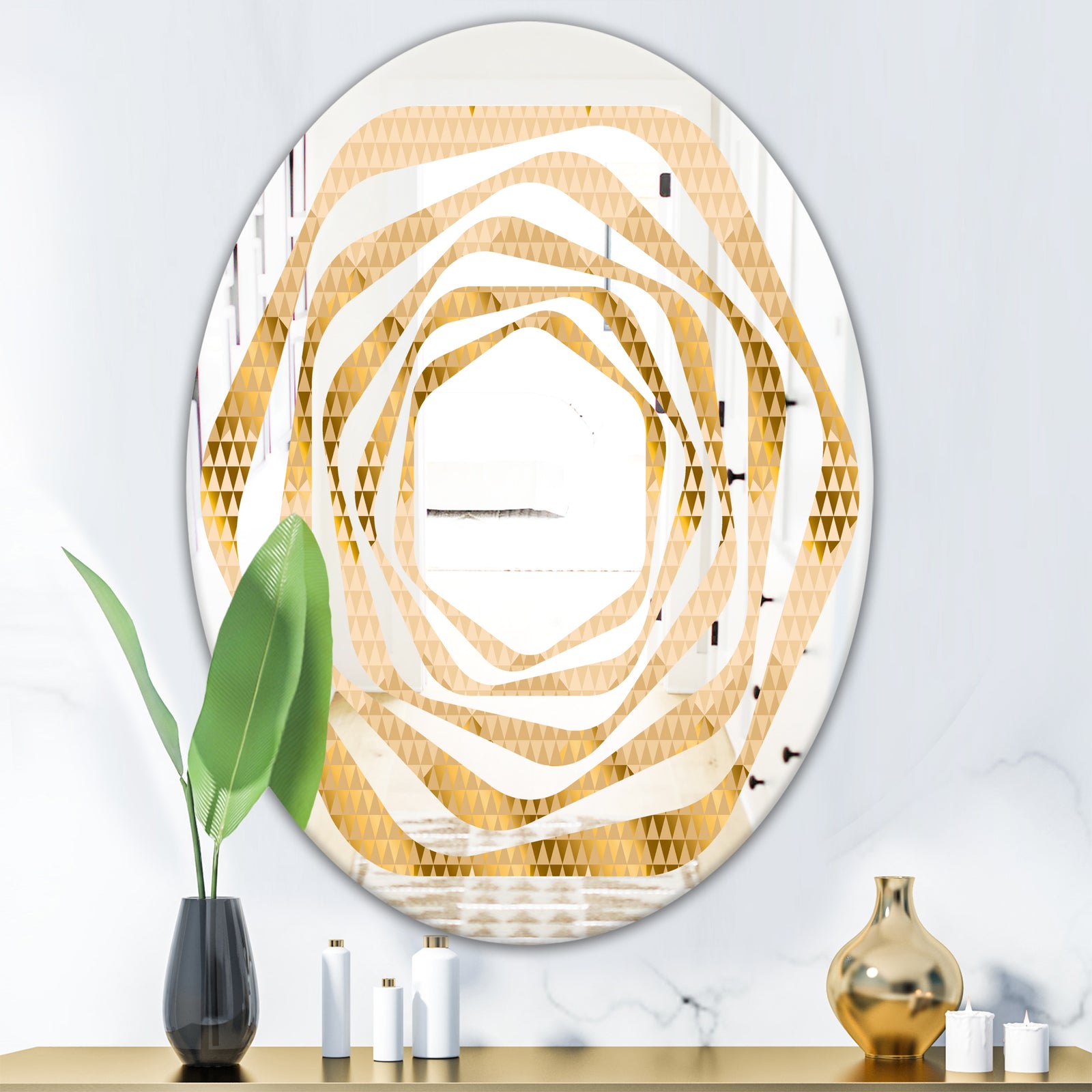 Golden Triangular Wavess I - Modern Round or Oval Wall Mirror - Whirl