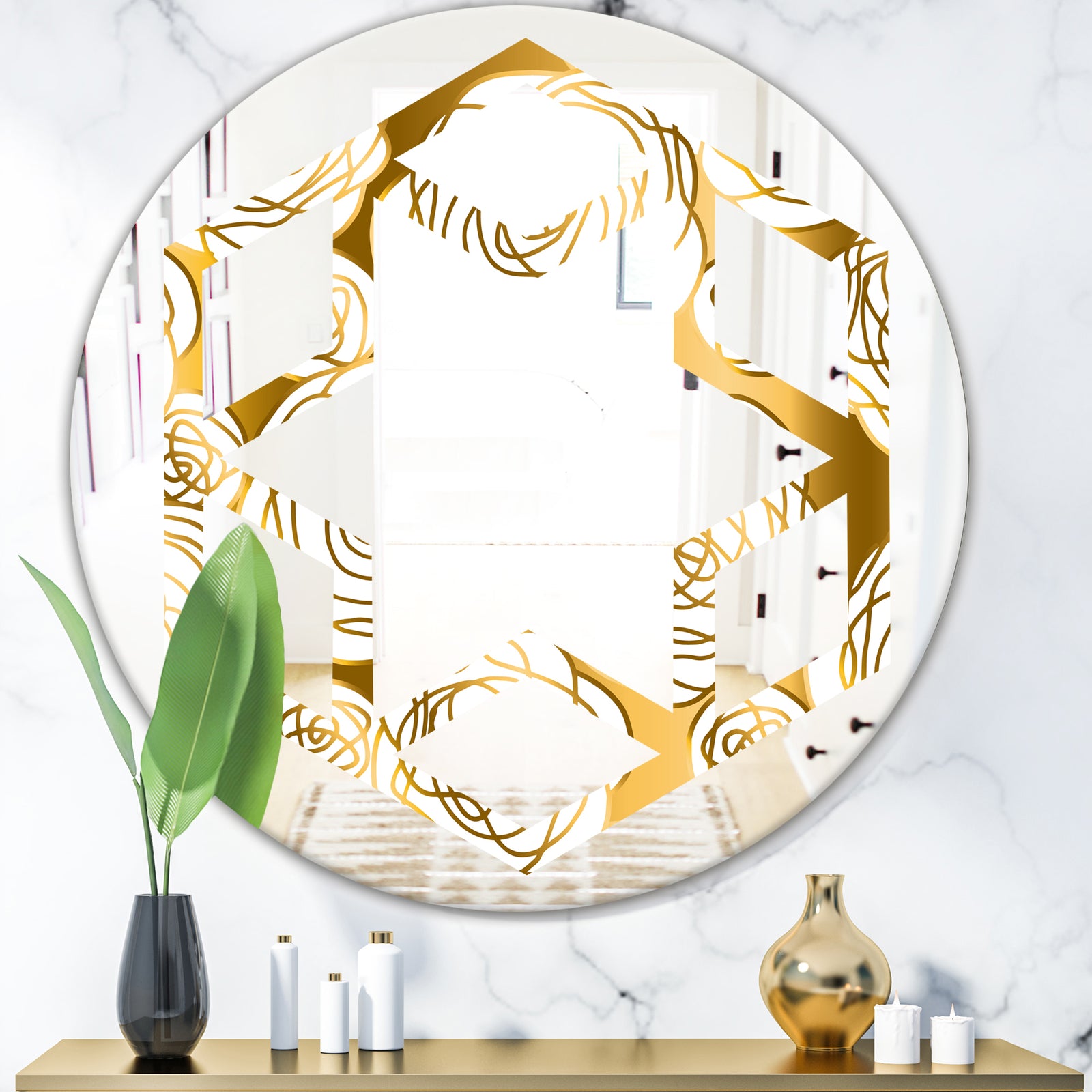 Golden Floral III - Modern Round or Oval Wall Mirror - Hexagon Star