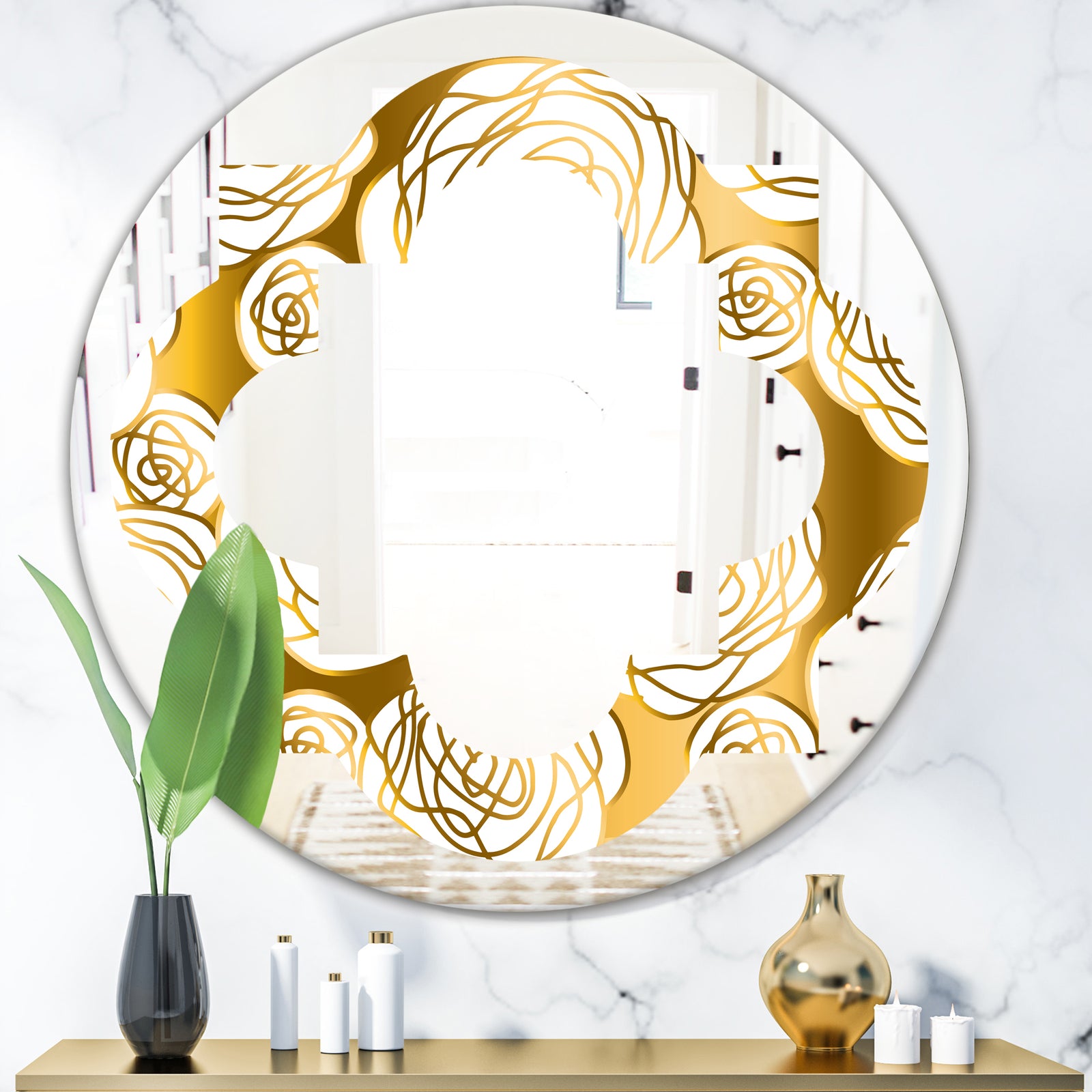 Golden Floral III - Modern Round or Oval Wall Mirror - Quatrefoil