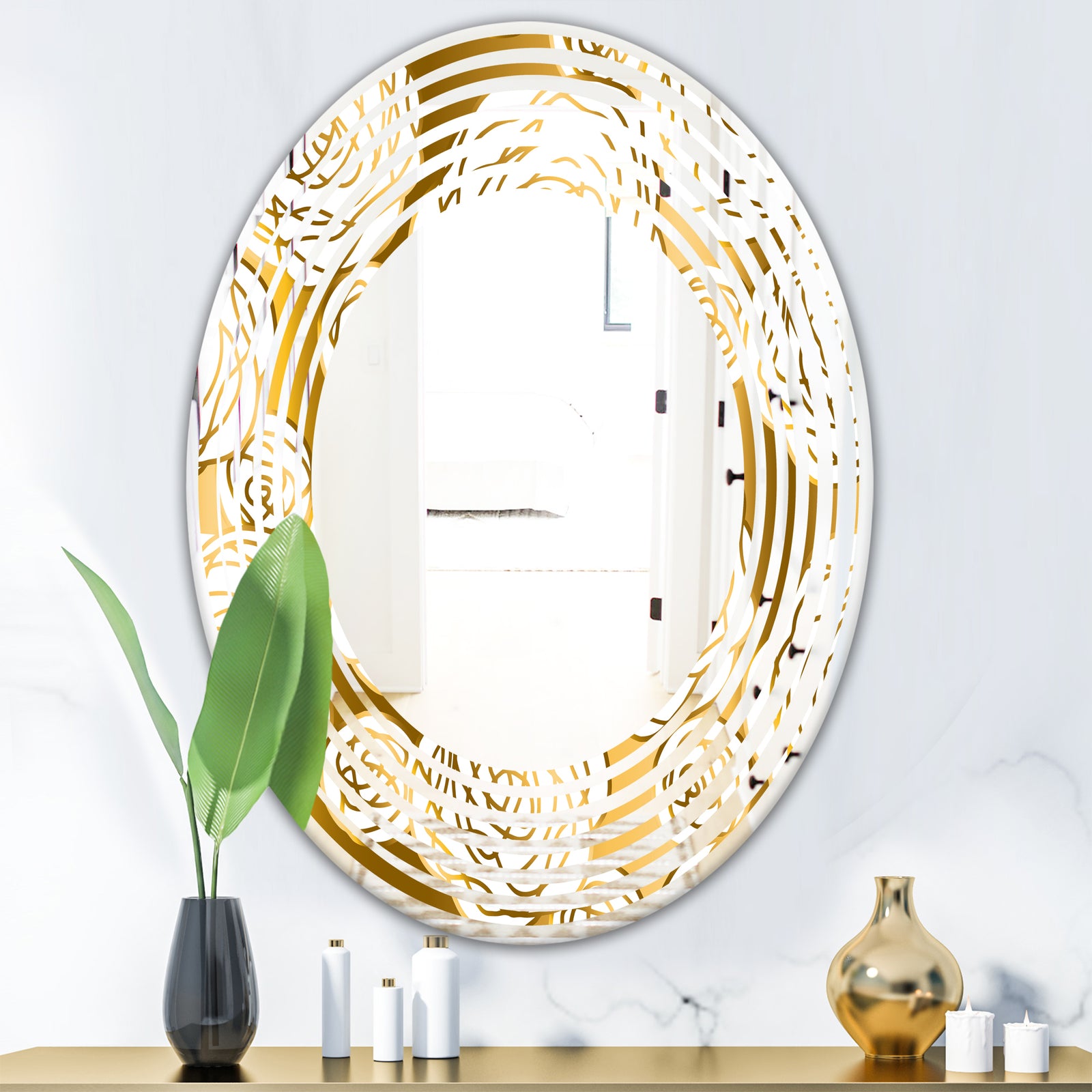 Golden Floral III - Modern Round or Oval Wall Mirror - Wave