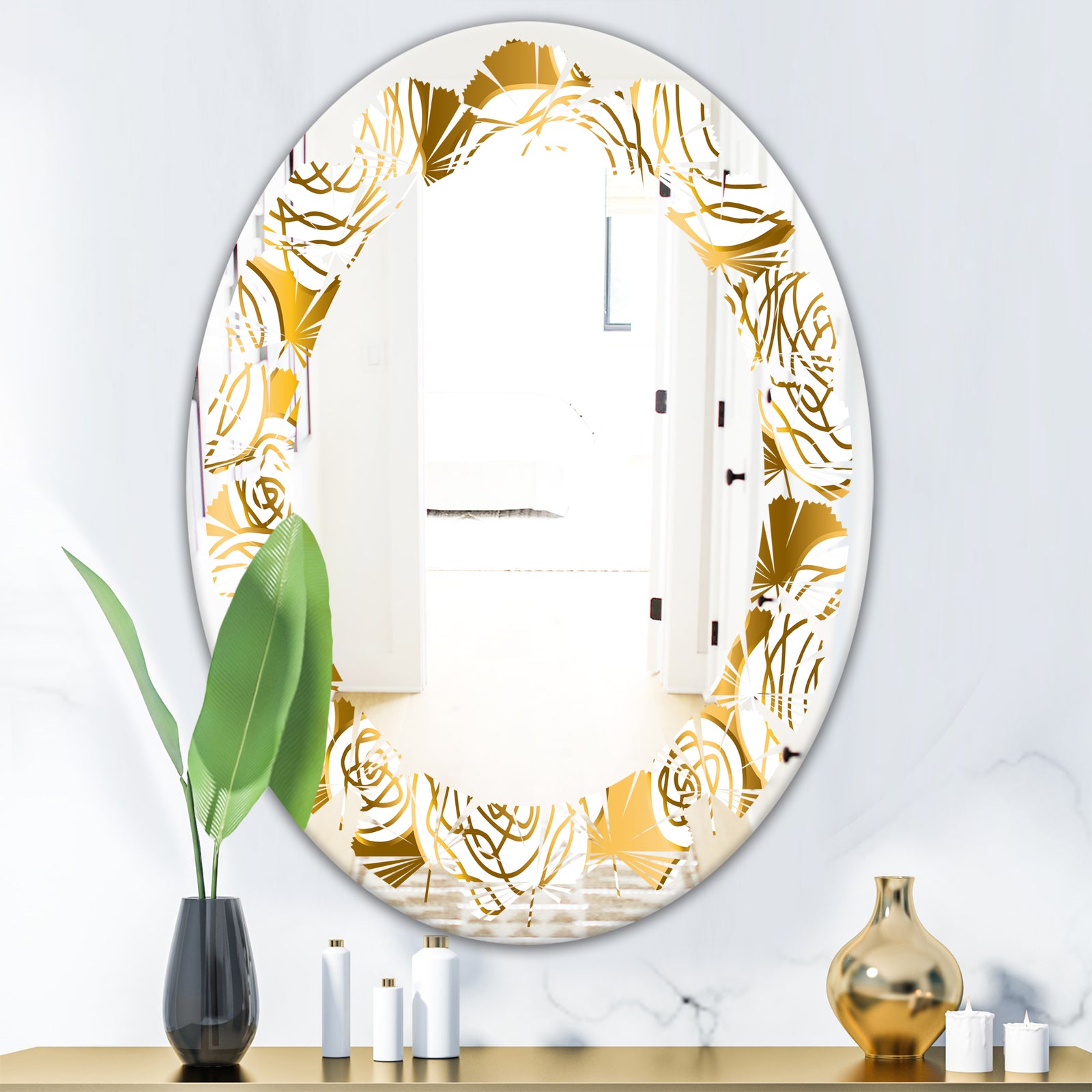 Golden Floral III - Modern Round or Oval Wall Mirror - Leaves
