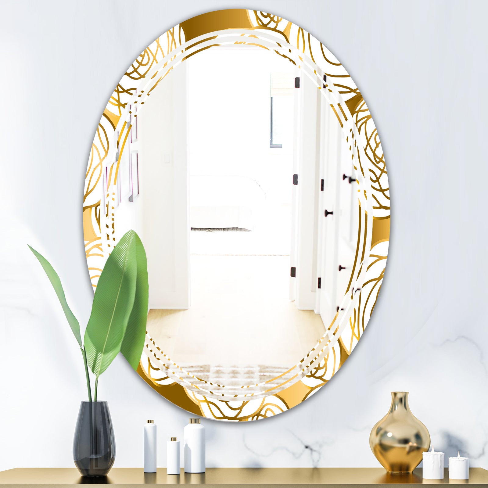 Golden Floral III - Modern Round or Oval Wall Mirror - Triple C