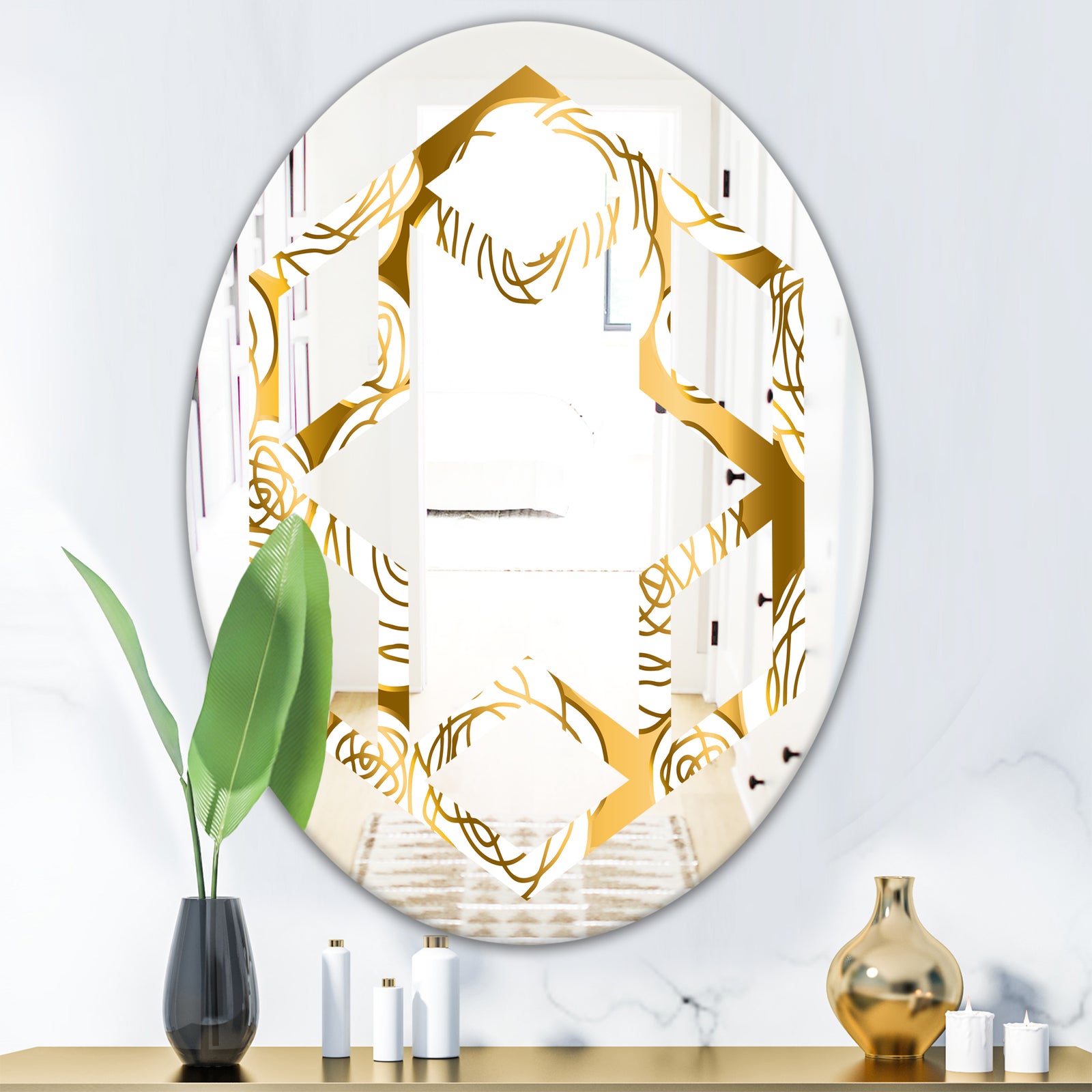 Golden Floral III - Modern Round or Oval Wall Mirror - Hexagon Star