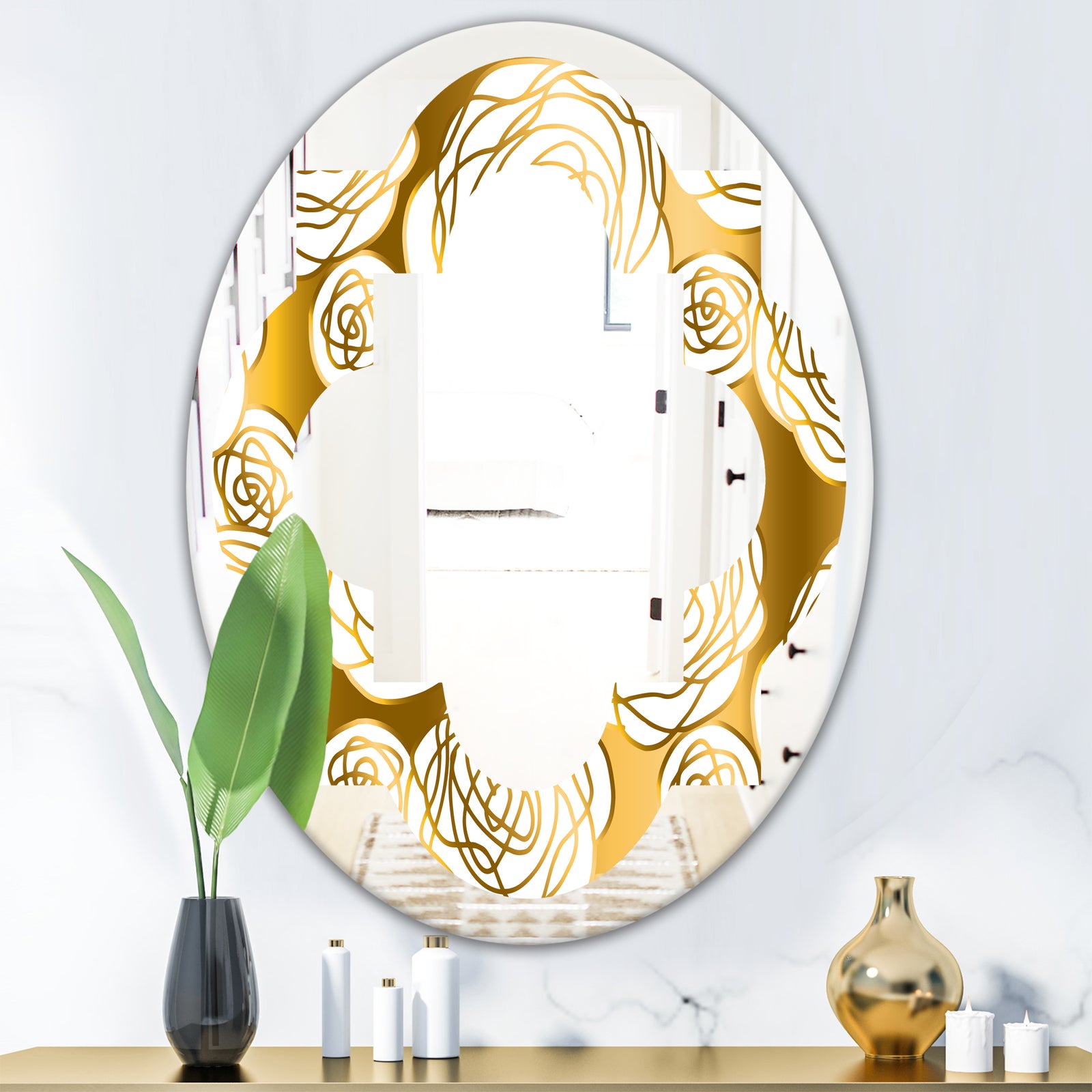 Golden Floral III - Modern Round or Oval Wall Mirror - Quatrefoil