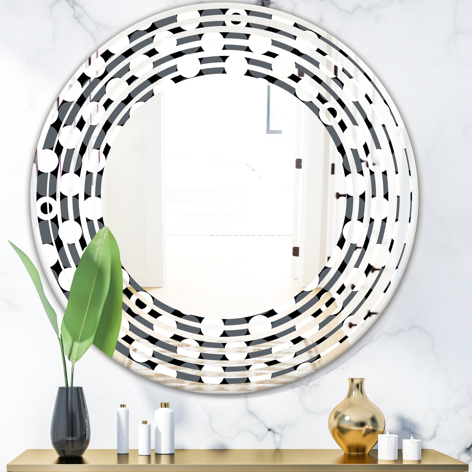 Monochrome Geometric Pattern XIV - Modern Round or Oval Wall Mirror - Wave