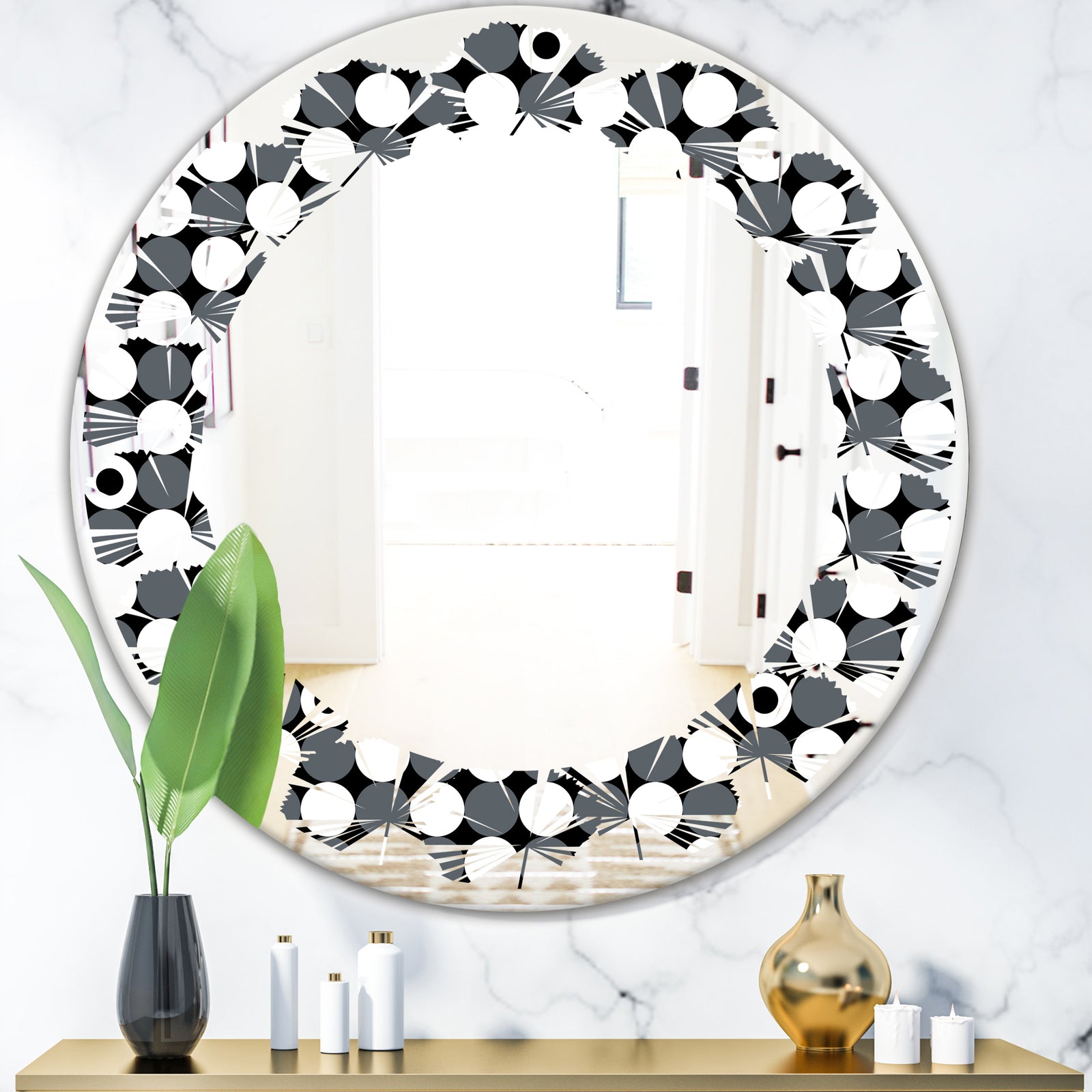 Monochrome Geometric Pattern XIV - Modern Round or Oval Wall Mirror - Leaves