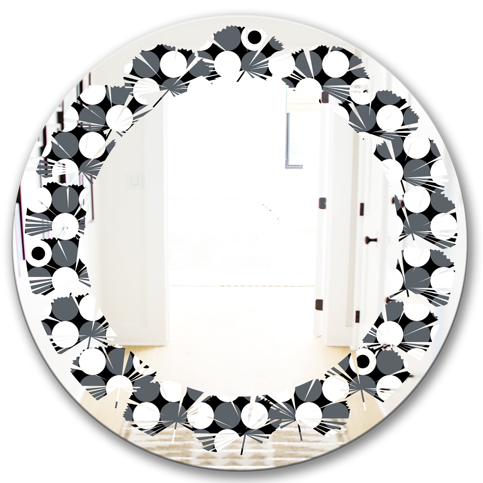 Monochrome Geometric Pattern XIV - Modern Round or Oval Wall Mirror - Leaves