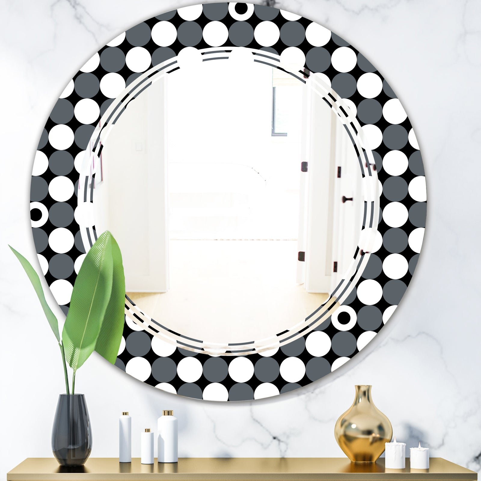 Monochrome Geometric Pattern XIV - Modern Round or Oval Wall Mirror - Triple C