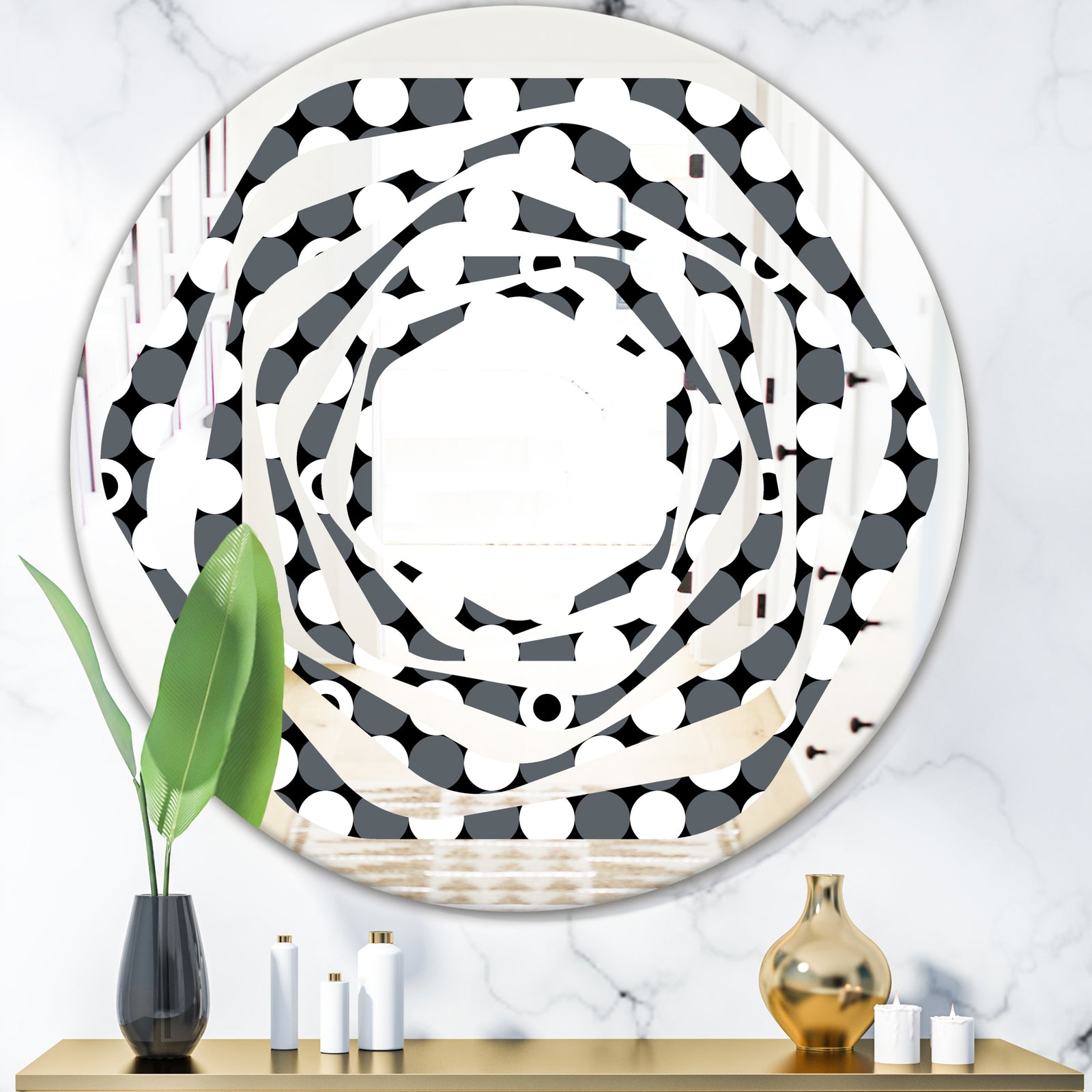 Monochrome Geometric Pattern XIV - Modern Round or Oval Wall Mirror - Whirl