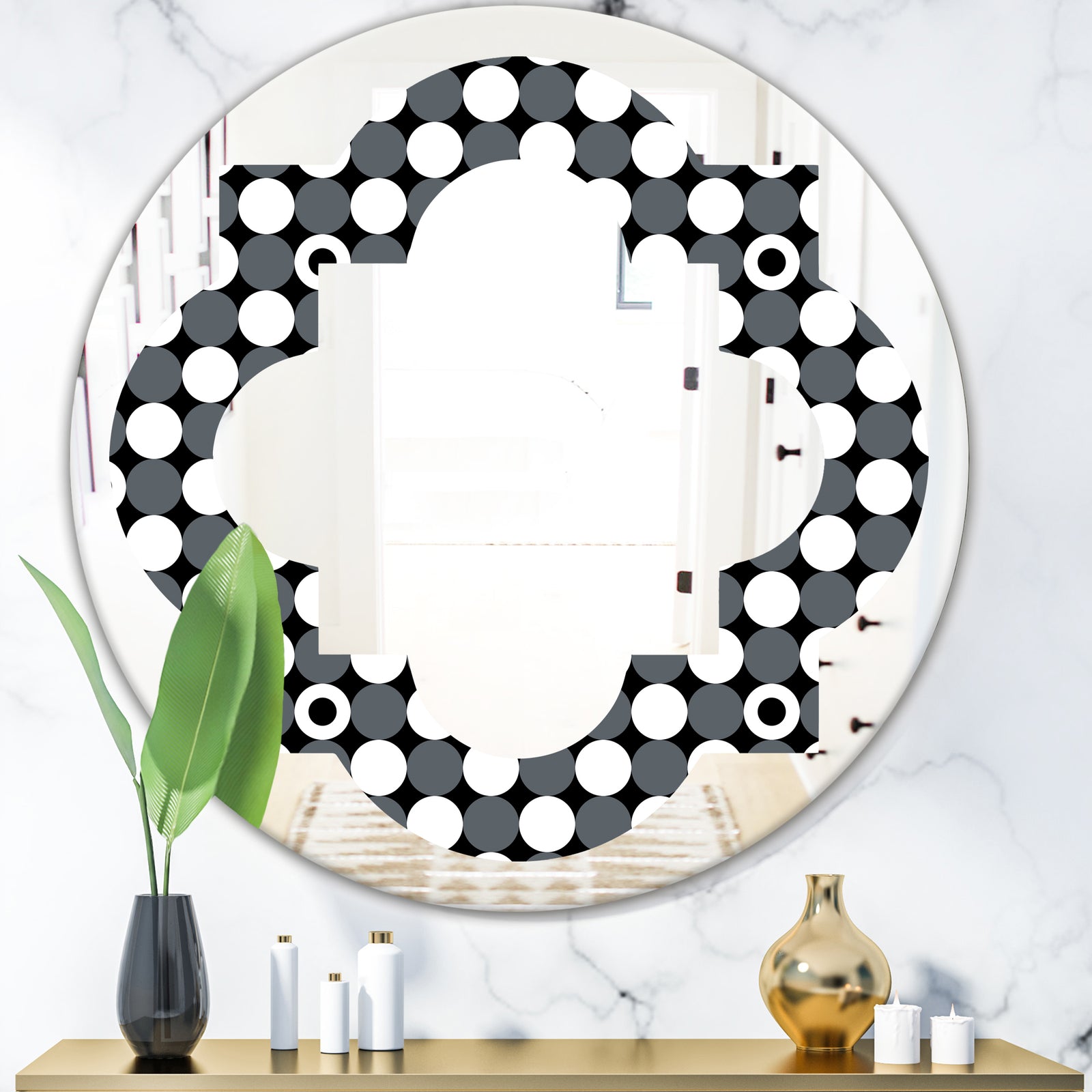 Monochrome Geometric Pattern XIV - Modern Round or Oval Wall Mirror - Quatrefoil
