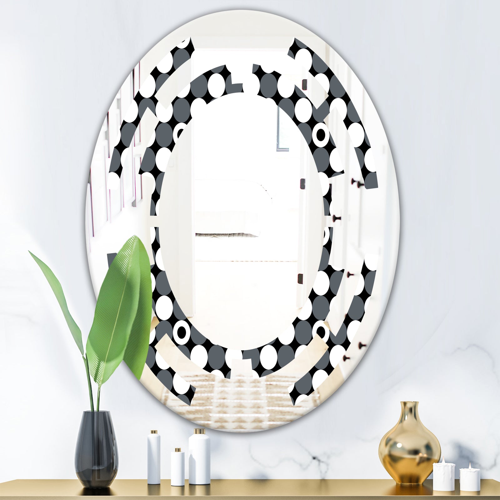 Monochrome Geometric Pattern XIV - Modern Round or Oval Wall Mirror - Space