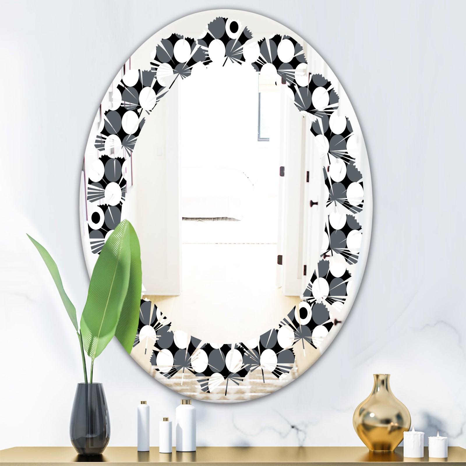 Monochrome Geometric Pattern XIV - Modern Round or Oval Wall Mirror - Leaves