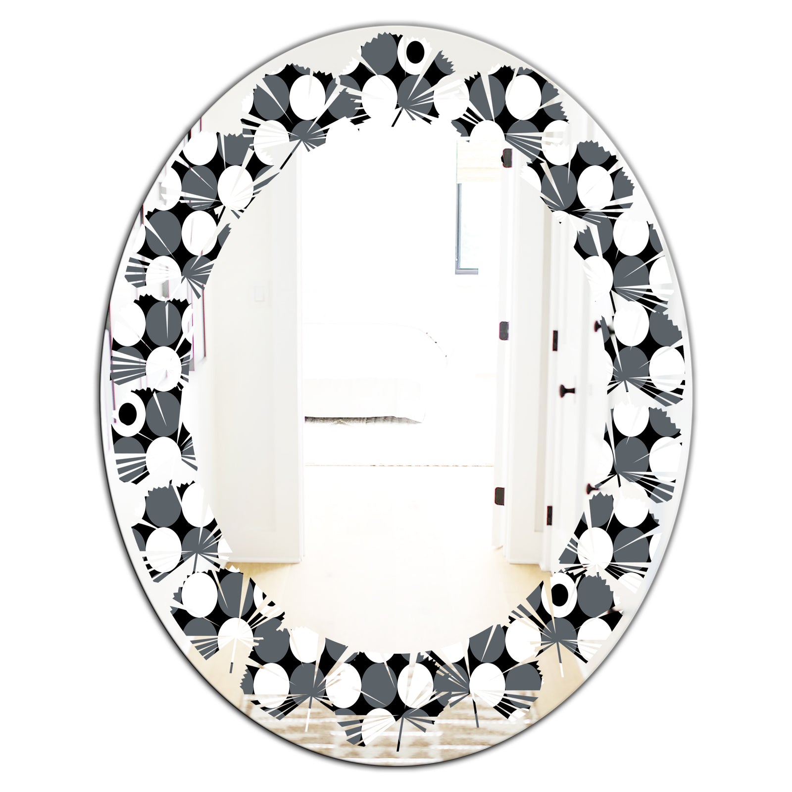Monochrome Geometric Pattern XIV - Modern Round or Oval Wall Mirror - Leaves