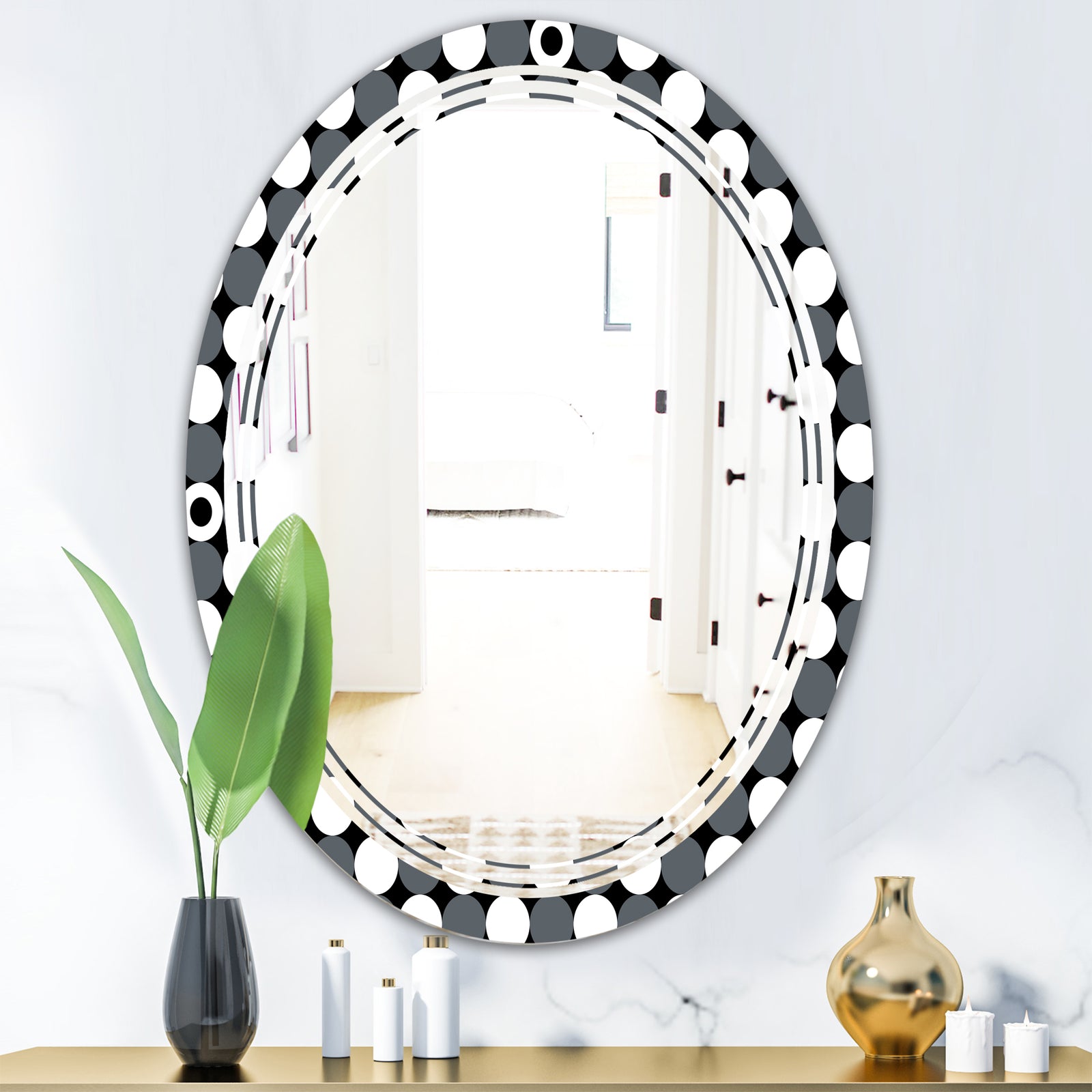 Monochrome Geometric Pattern XIV - Modern Round or Oval Wall Mirror - Triple C