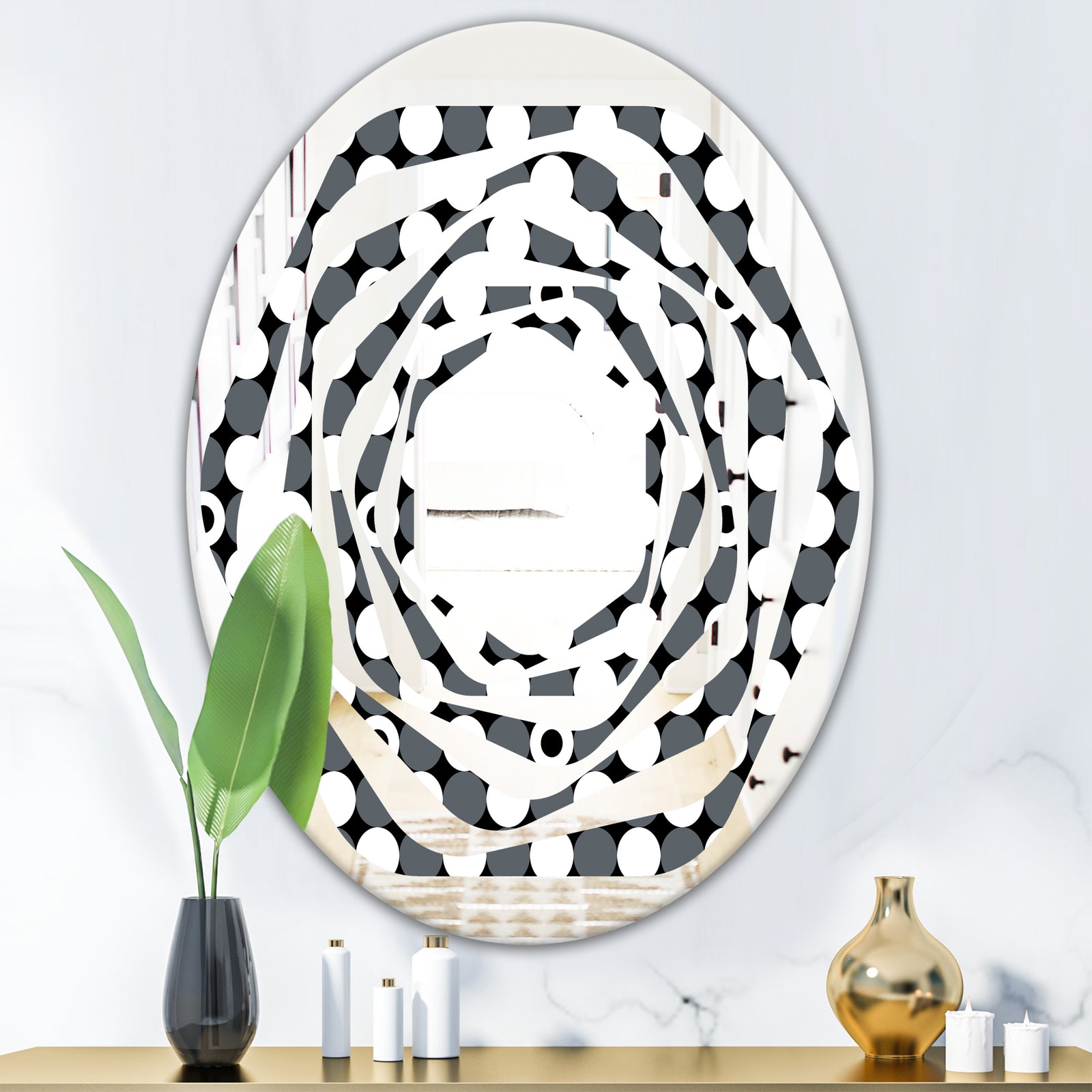 Monochrome Geometric Pattern XIV - Modern Round or Oval Wall Mirror - Whirl