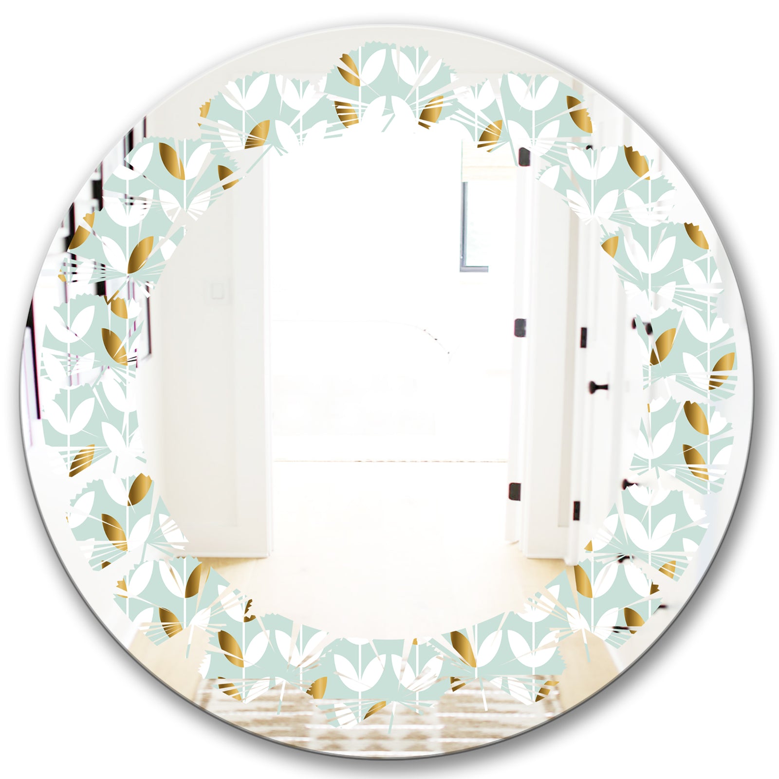 Golden Foliage X - Modern Round or Oval Wall Mirror - Leaves