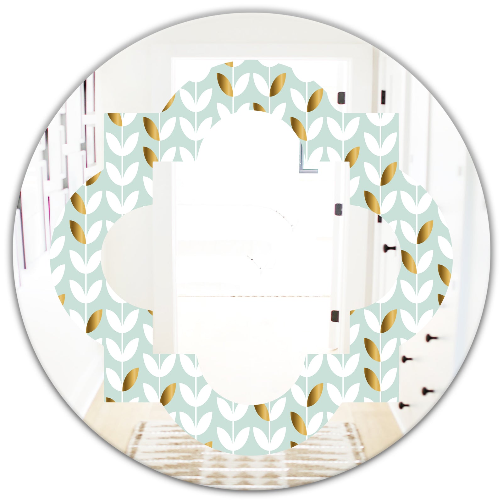 Golden Foliage X - Modern Round or Oval Wall Mirror - Quatrefoil