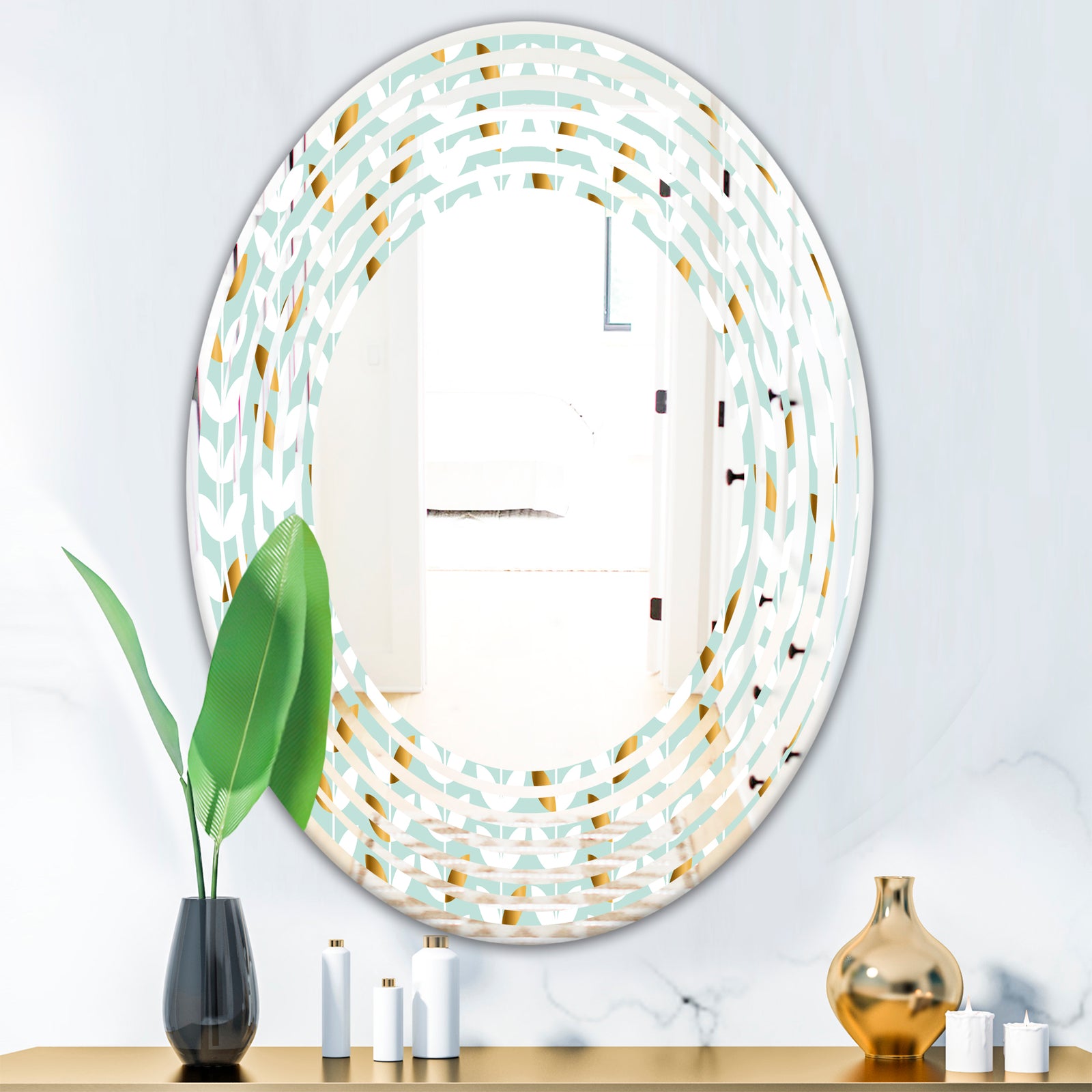 Golden Foliage X - Modern Round or Oval Wall Mirror - Wave