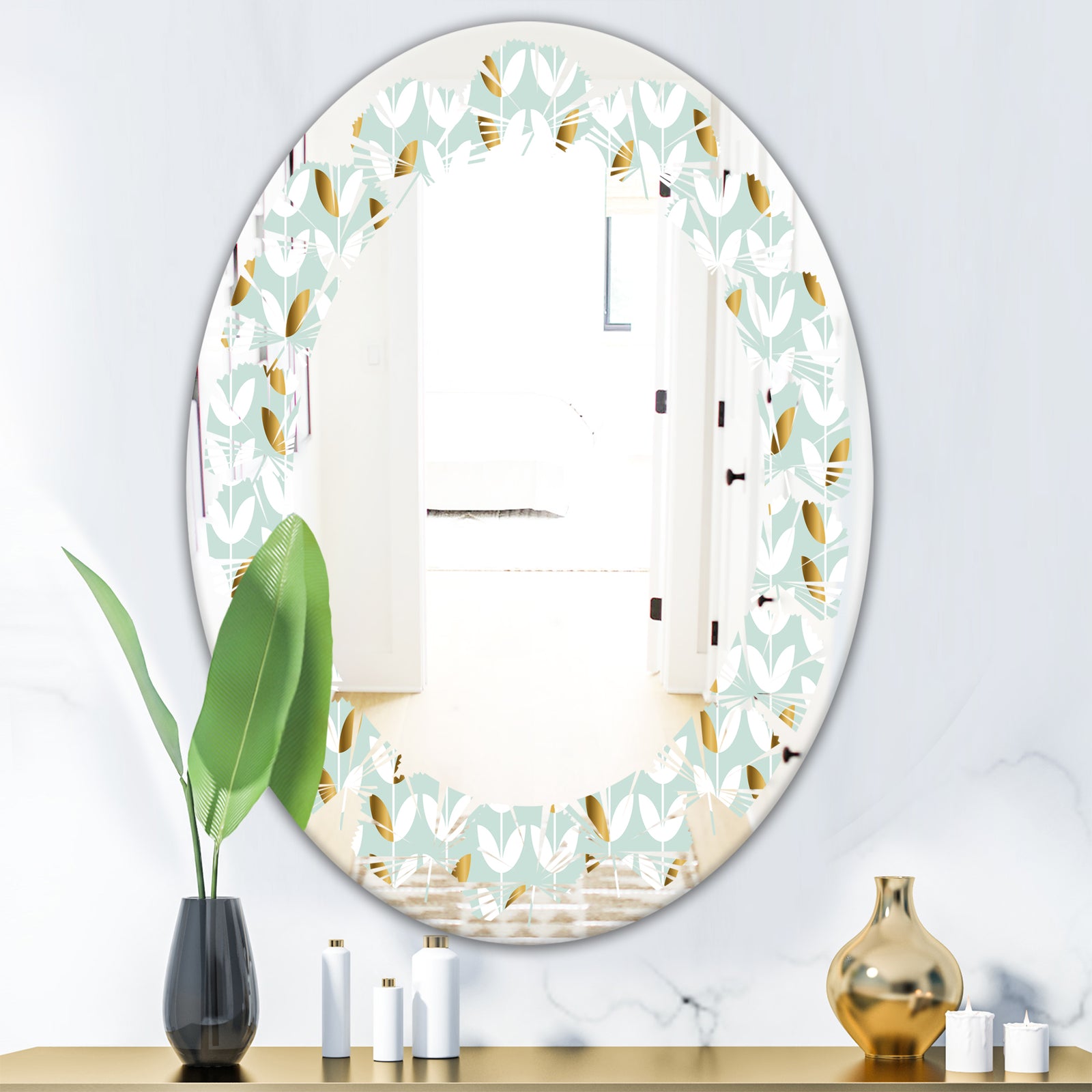 Golden Foliage X - Modern Round or Oval Wall Mirror - Leaves