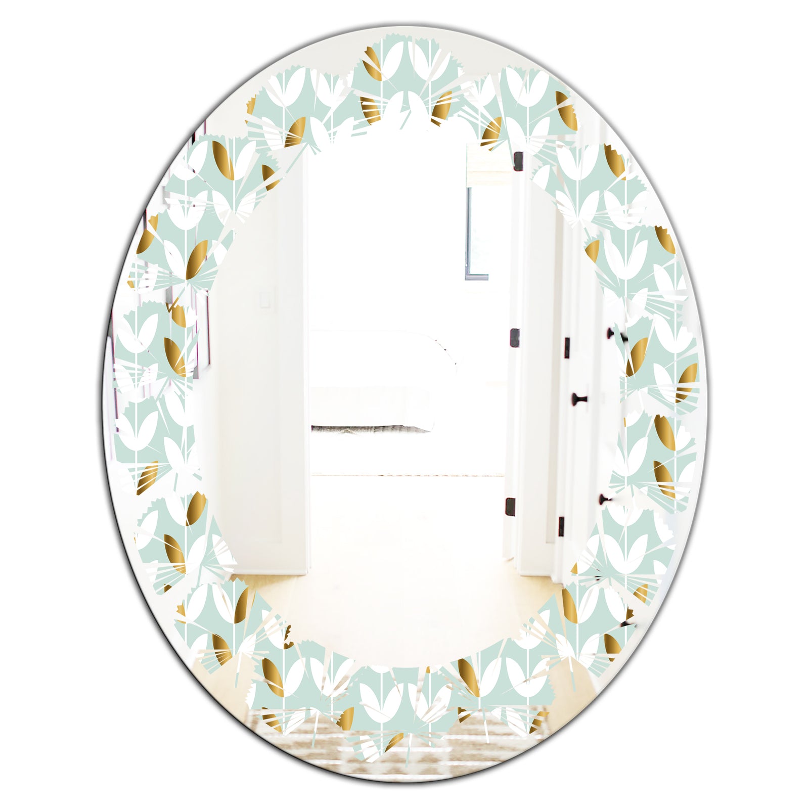 Golden Foliage X - Modern Round or Oval Wall Mirror - Leaves