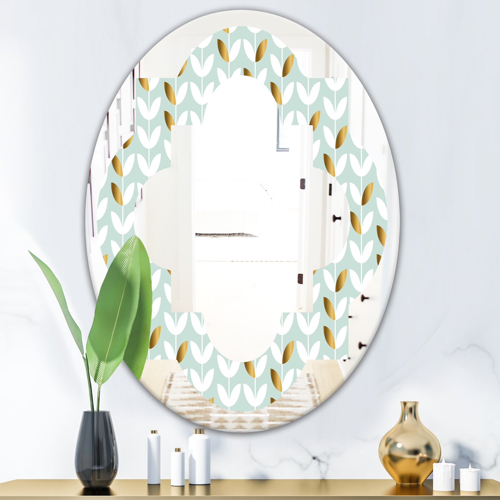 Golden Foliage X - Modern Round or Oval Wall Mirror - Quatrefoil