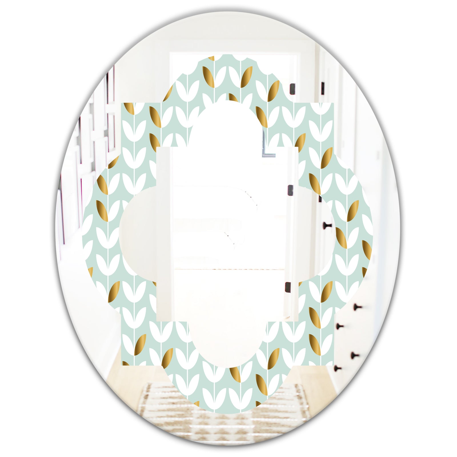 Golden Foliage X - Modern Round or Oval Wall Mirror - Quatrefoil