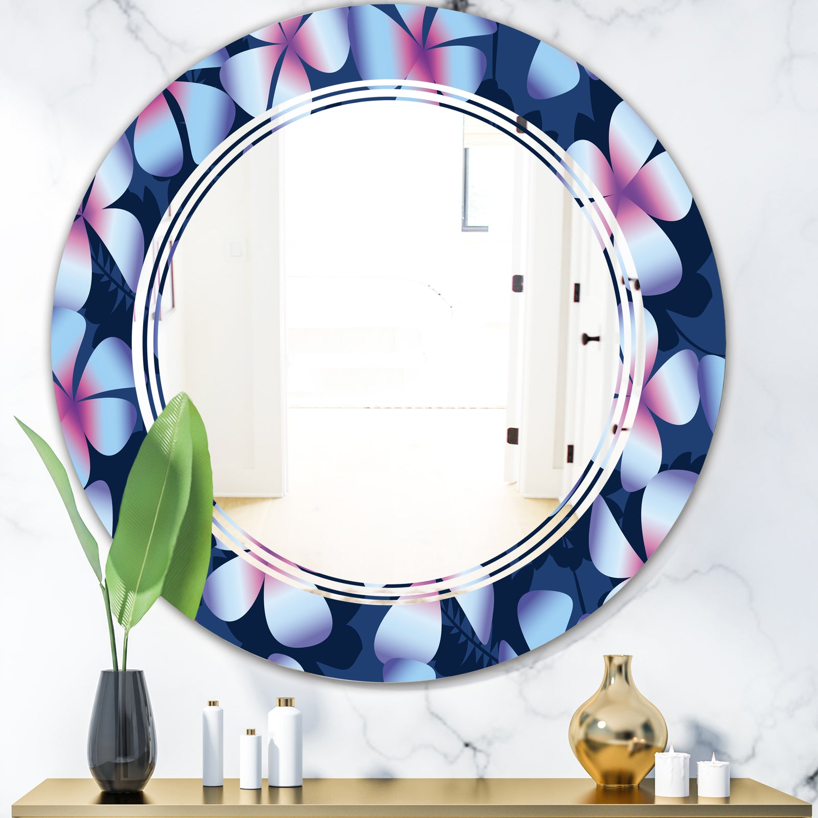 Retro Frangipani Flowers - Modern Round or Oval Wall Mirror - Triple C