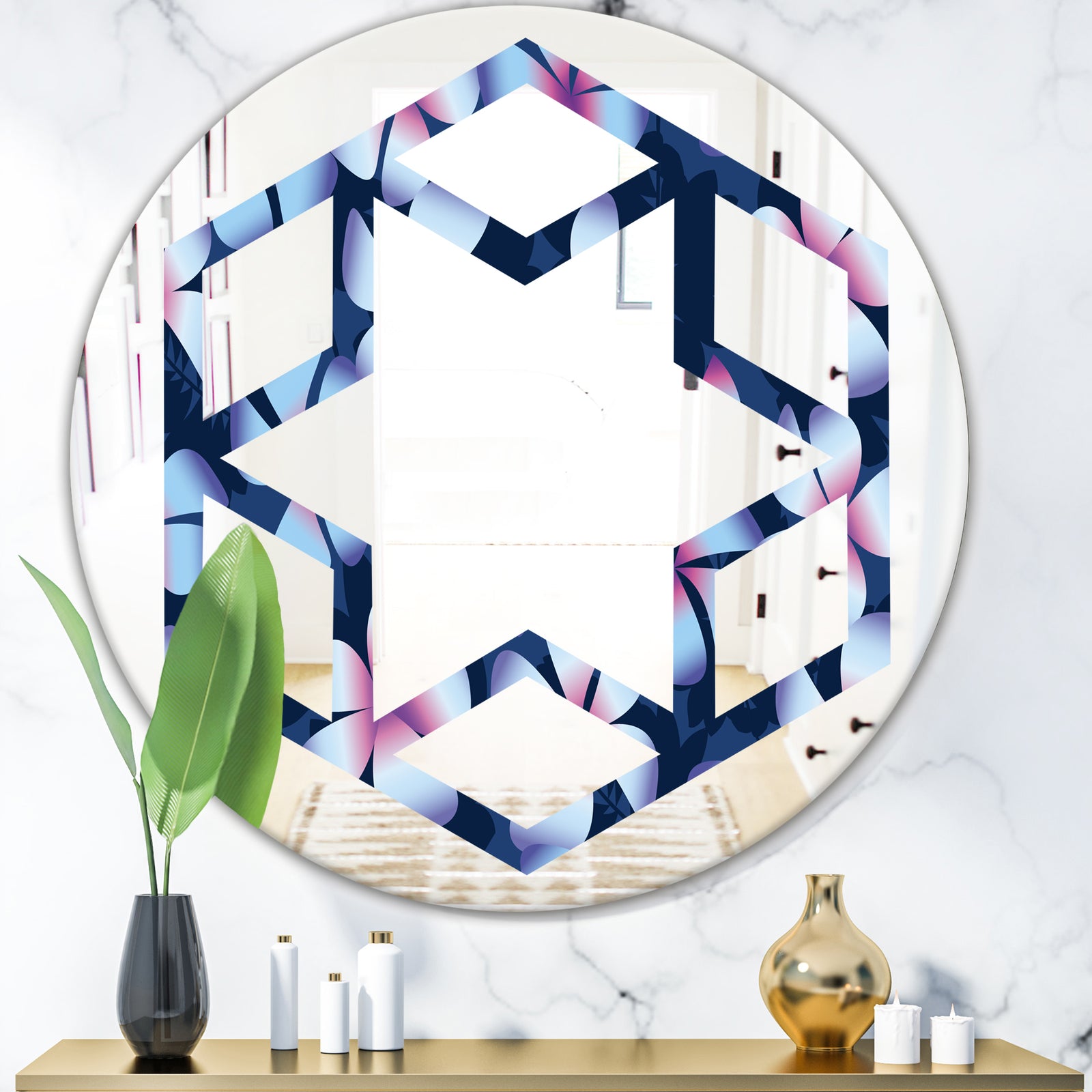 Retro Frangipani Flowers - Modern Round or Oval Wall Mirror - Hexagon Star