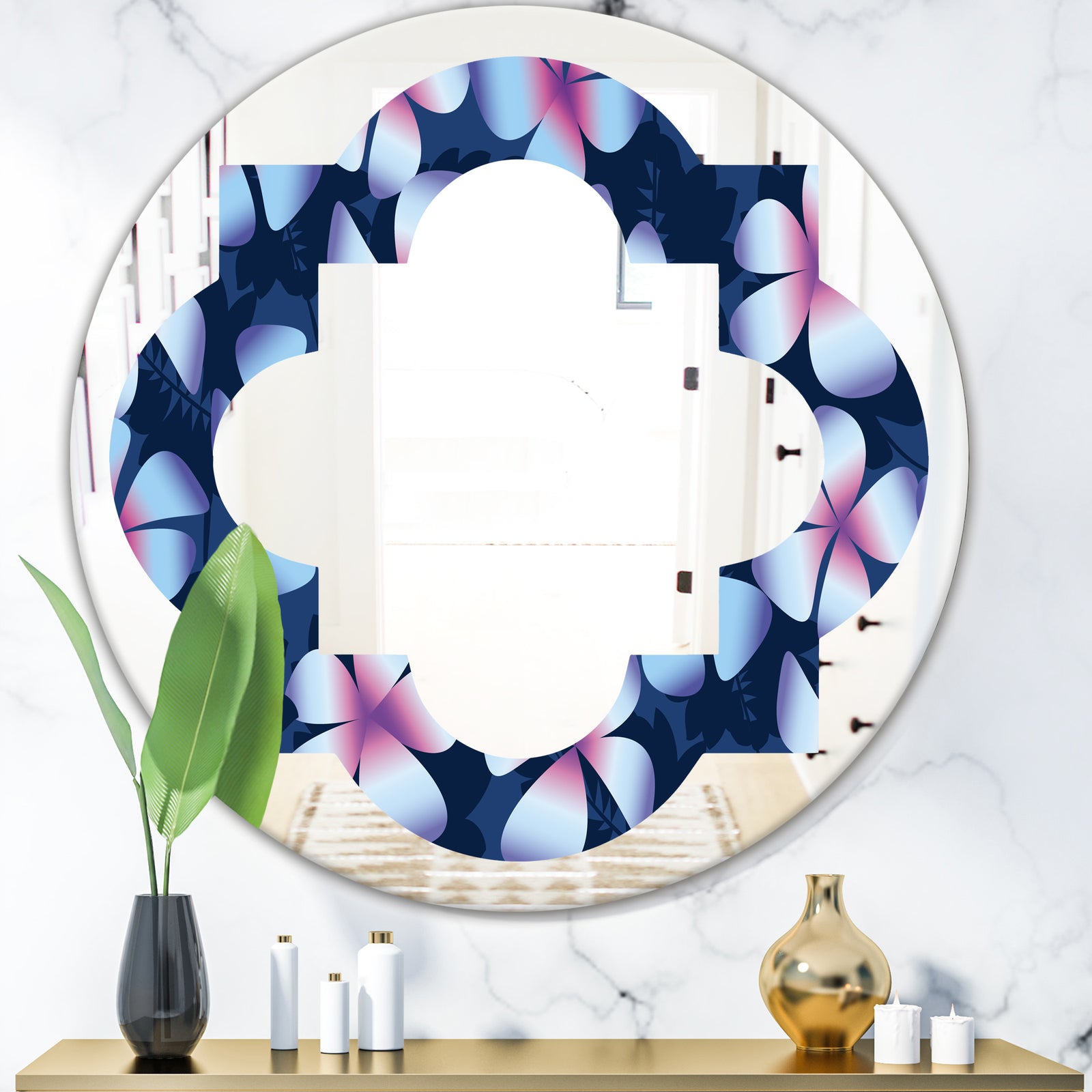 Retro Frangipani Flowers - Modern Round or Oval Wall Mirror - Quatrefoil