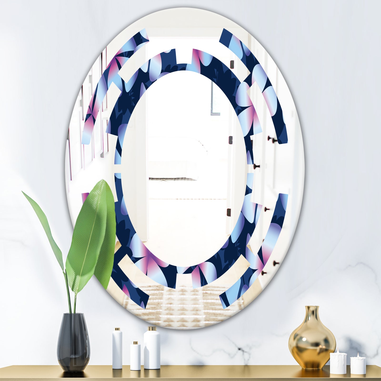 Retro Frangipani Flowers - Modern Round or Oval Wall Mirror - Space