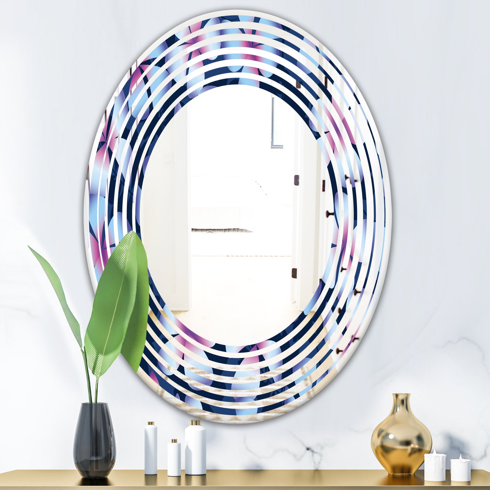 Retro Frangipani Flowers - Modern Round or Oval Wall Mirror - Wave