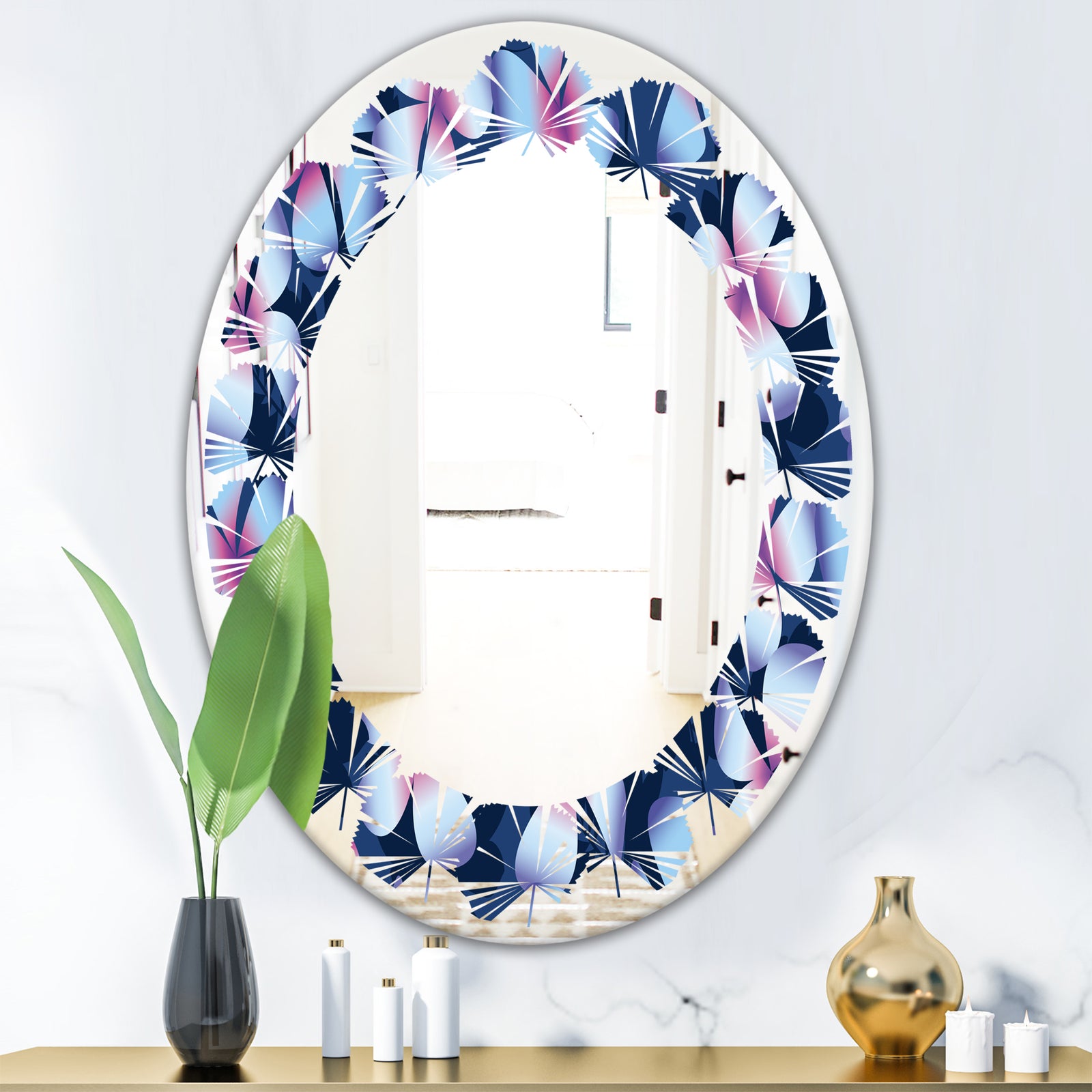Retro Frangipani Flowers - Modern Round or Oval Wall Mirror - Leaves