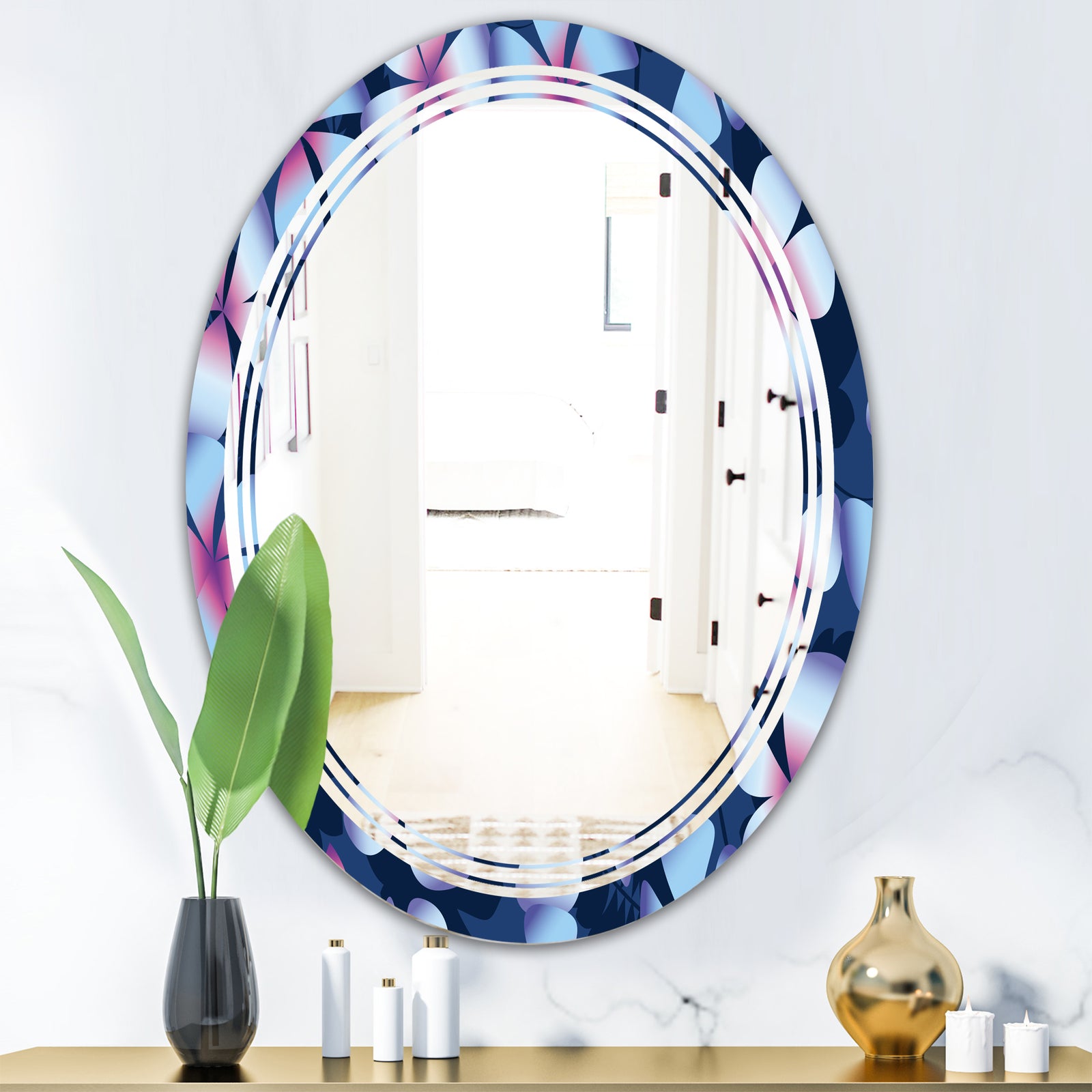 Retro Frangipani Flowers - Modern Round or Oval Wall Mirror - Triple C