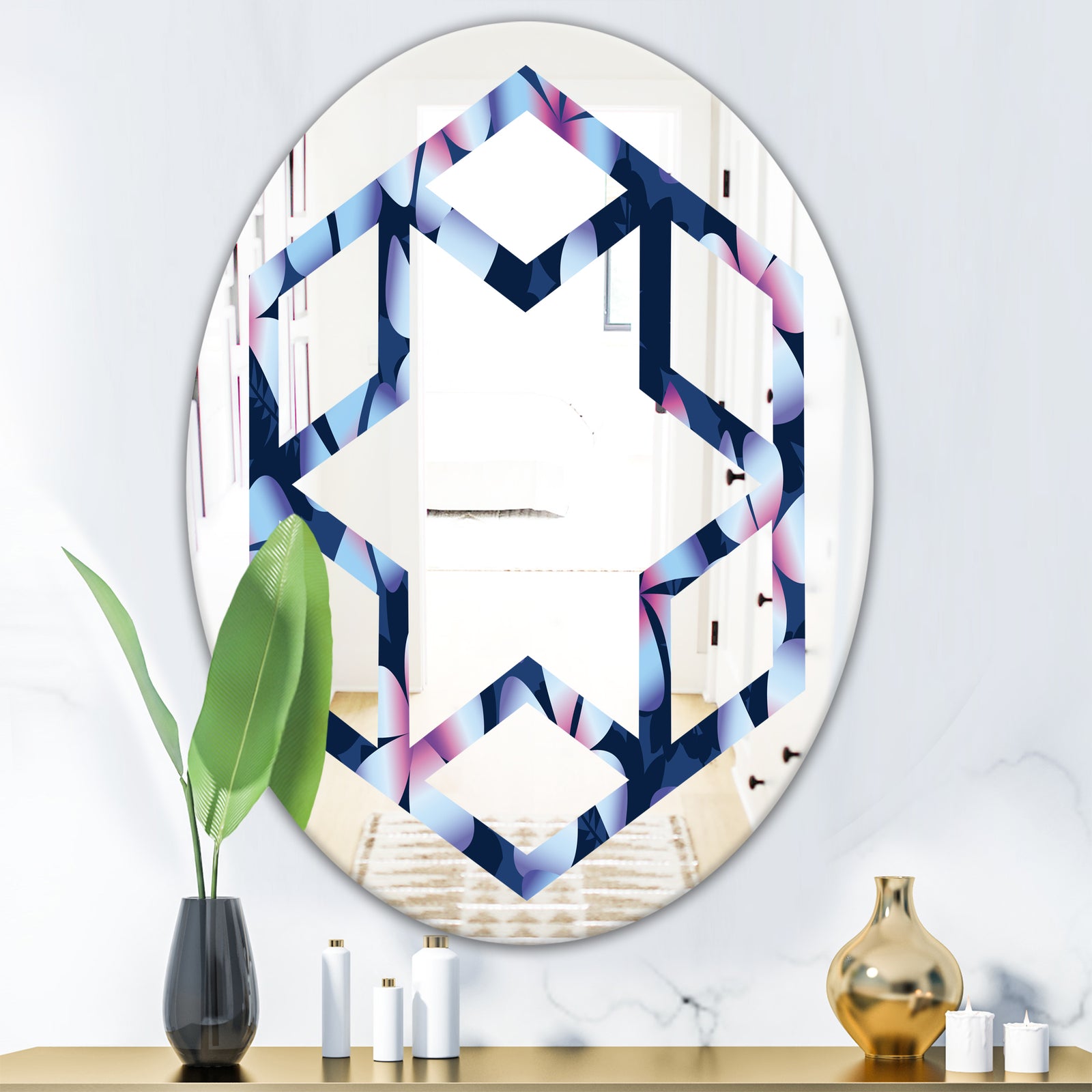 Retro Frangipani Flowers - Modern Round or Oval Wall Mirror - Hexagon Star
