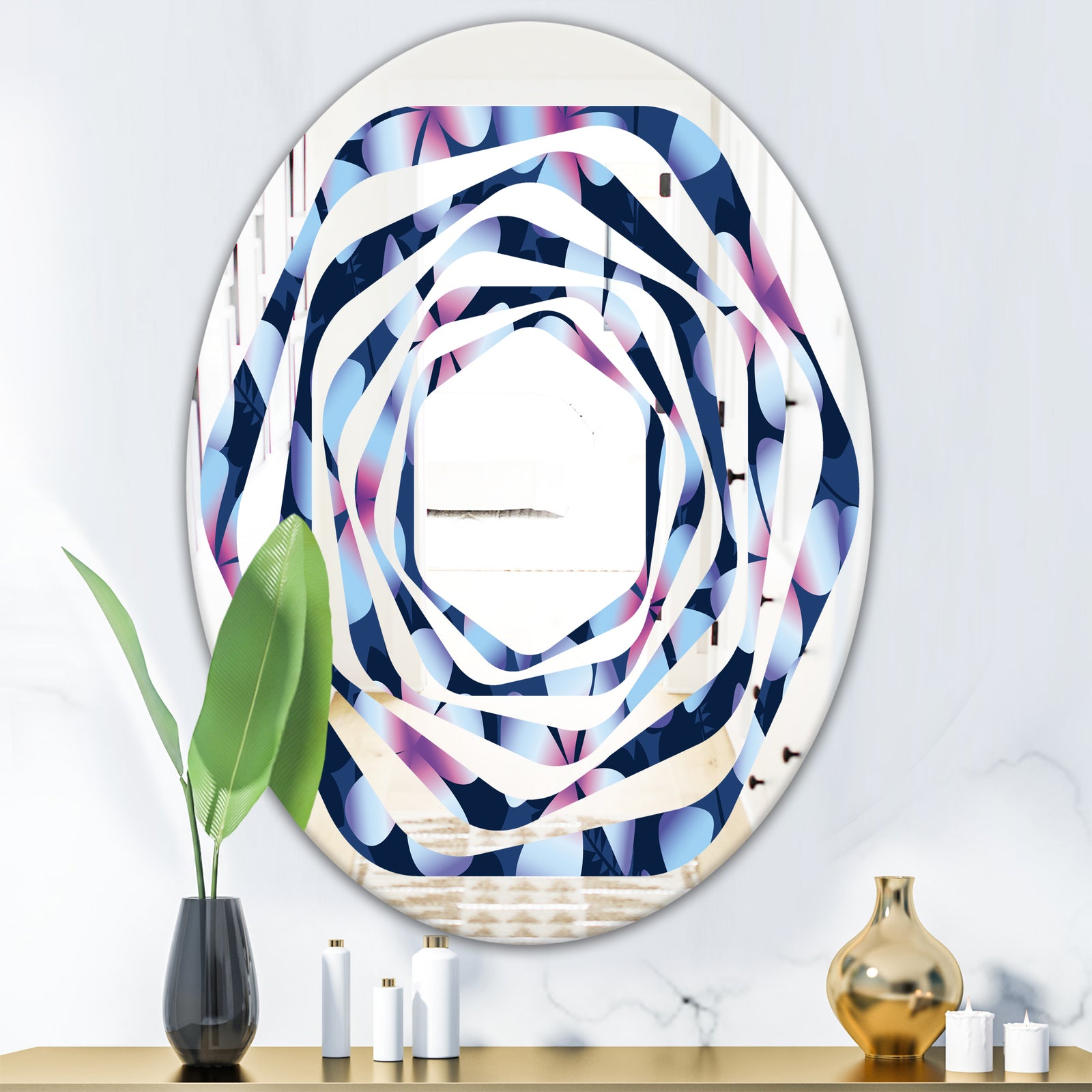 Retro Frangipani Flowers - Modern Round or Oval Wall Mirror - Whirl