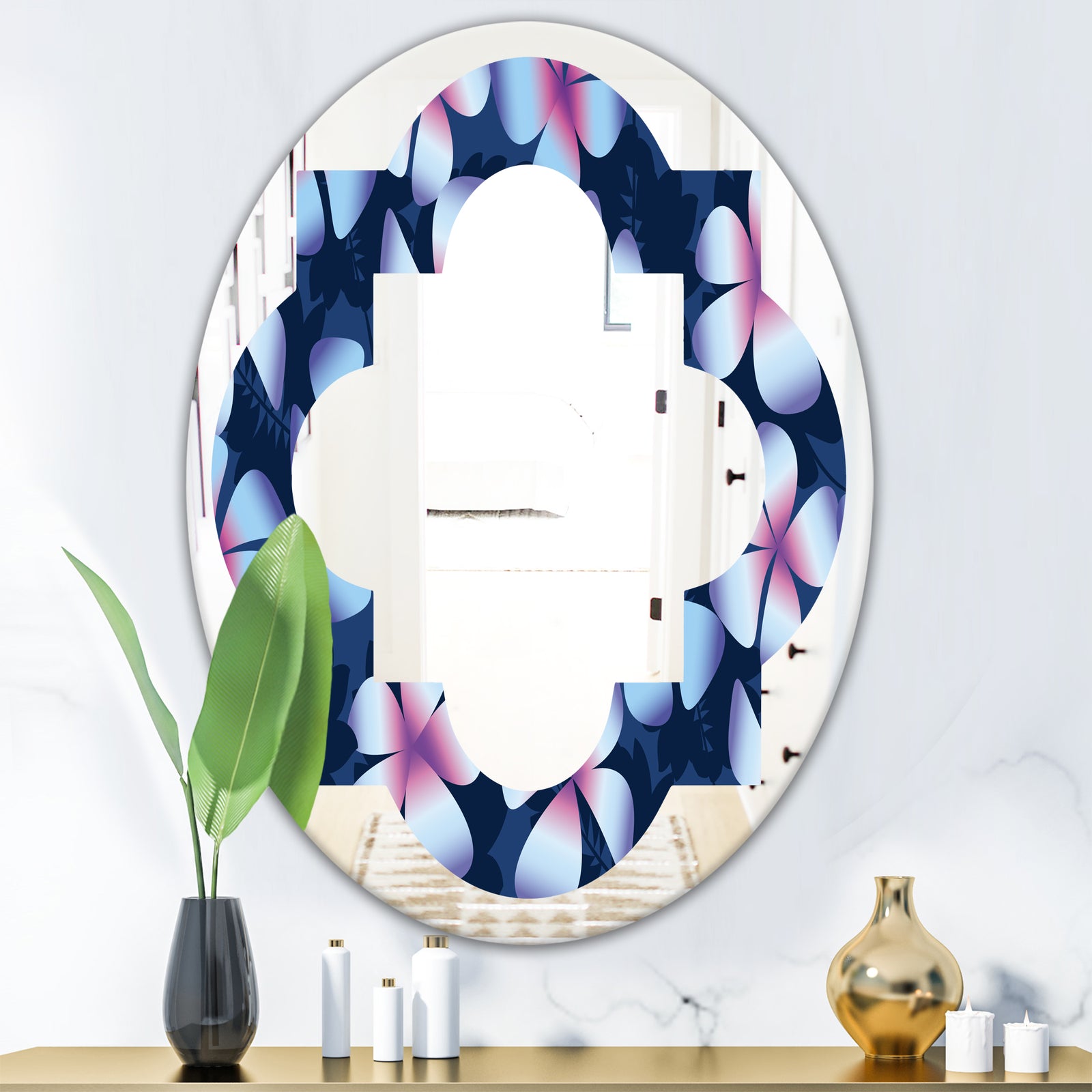 Retro Frangipani Flowers - Modern Round or Oval Wall Mirror - Quatrefoil