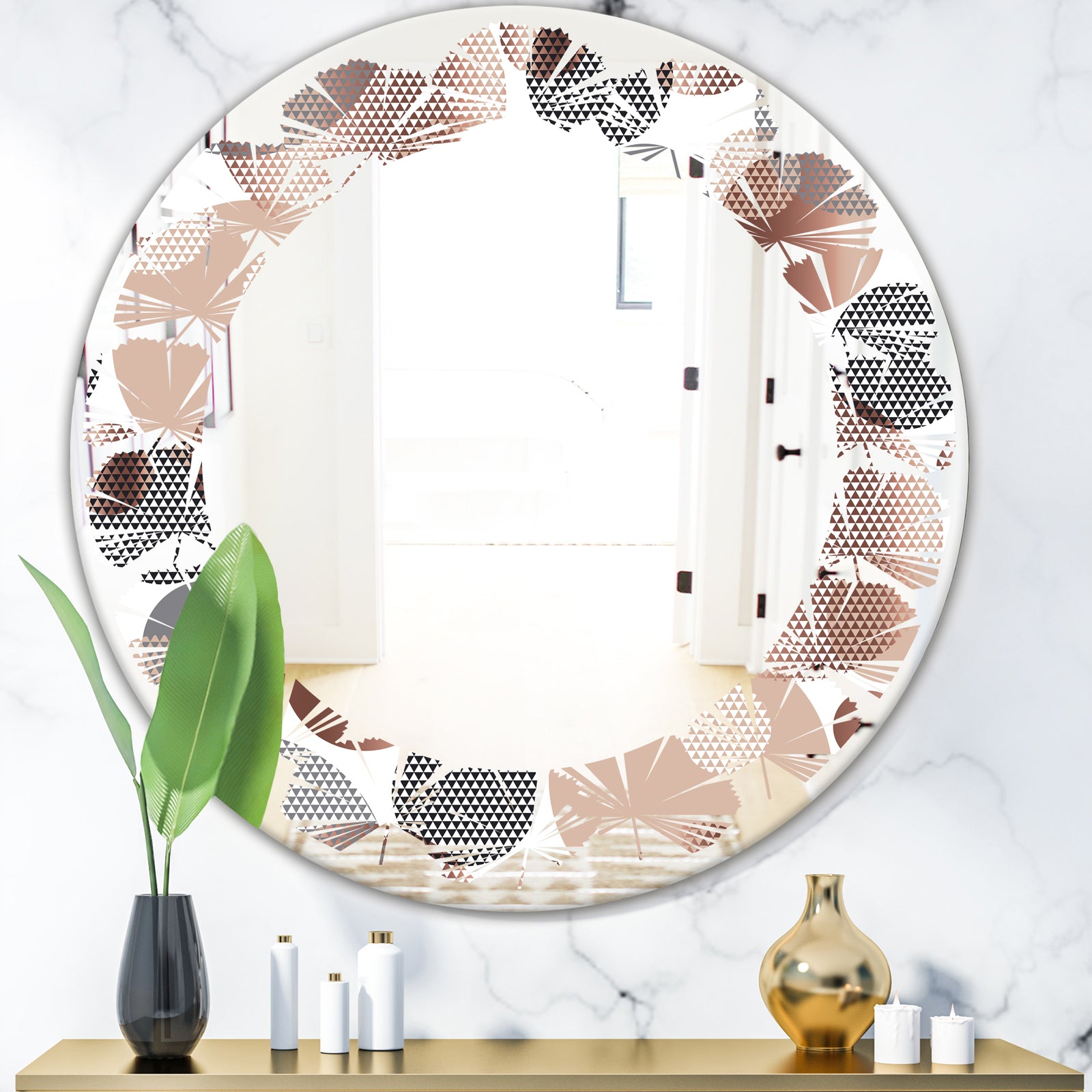 Circular Abstract Retro Geometric XIII - Modern Round or Oval Wall Mirror - Leaves