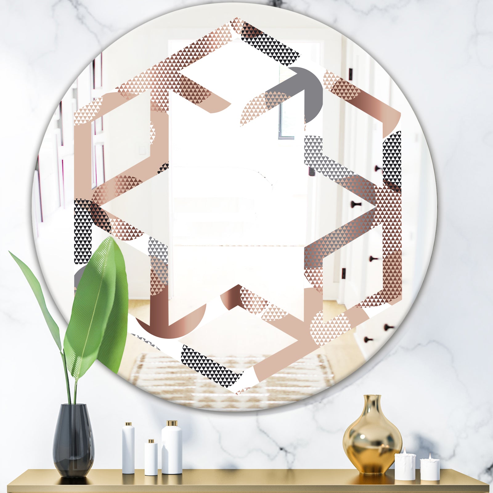 Circular Abstract Retro Geometric XIII - Modern Round or Oval Wall Mirror - Hexagon Star