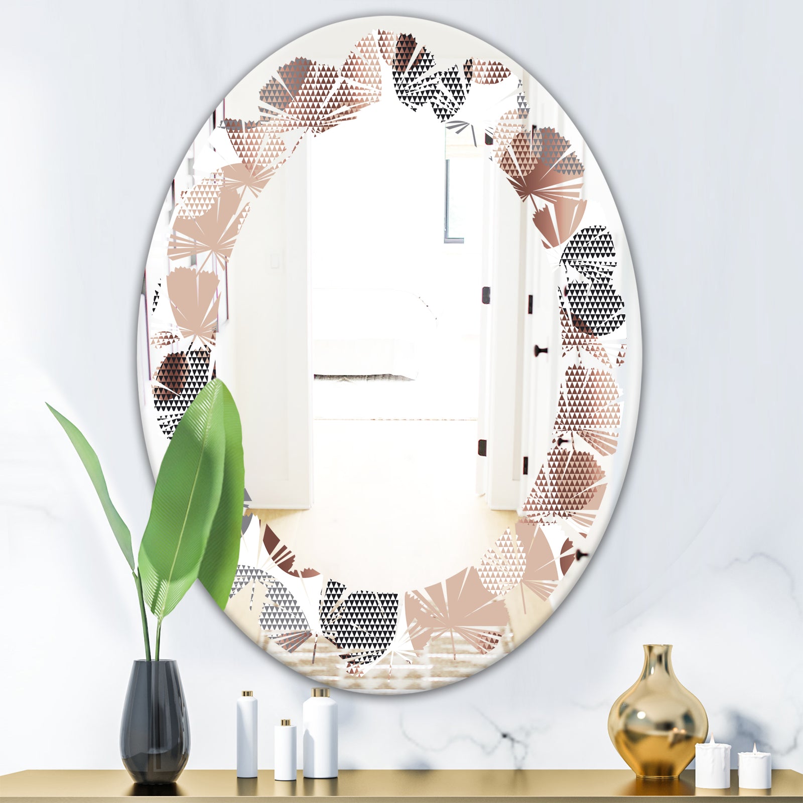 Circular Abstract Retro Geometric XIII - Modern Round or Oval Wall Mirror - Leaves