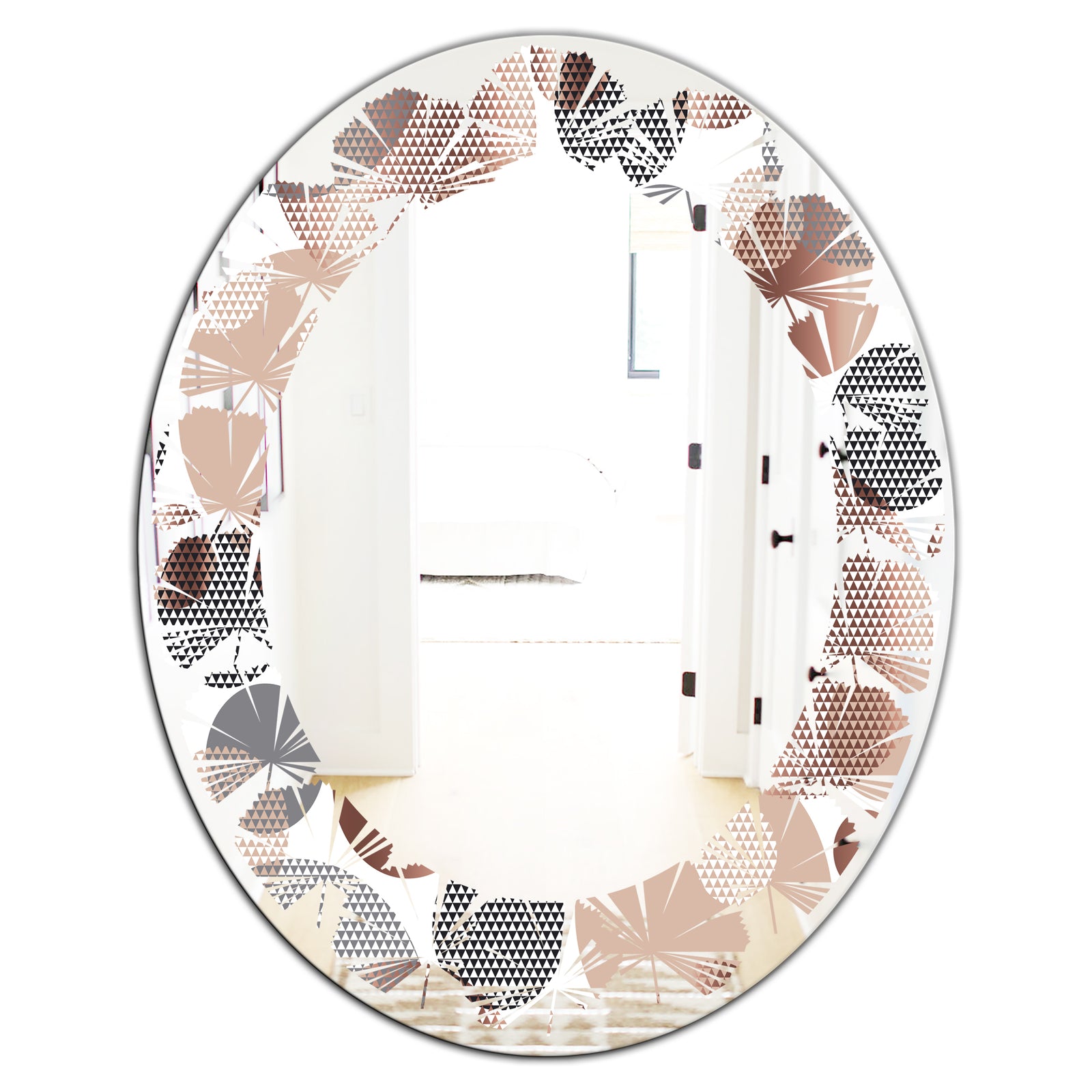 Circular Abstract Retro Geometric XIII - Modern Round or Oval Wall Mirror - Leaves