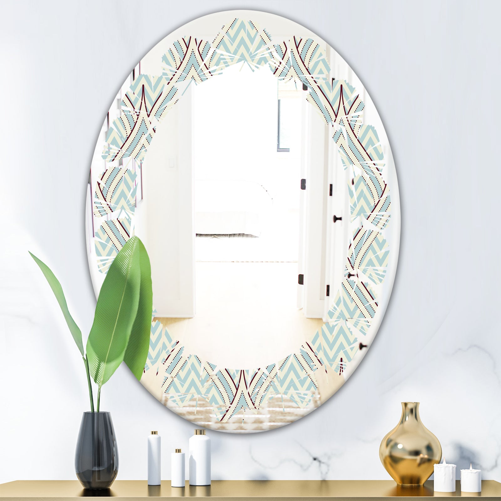 Ornament with decorative elements. - Modern Round or Oval Wall Mirror - Leaves