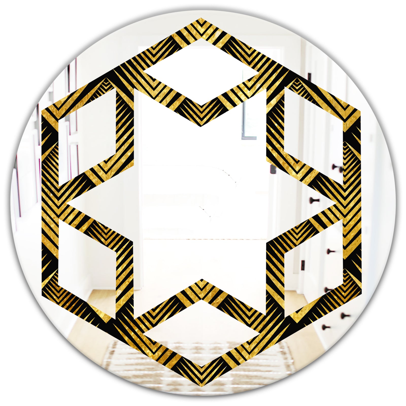 Art Deco Seal pattern - Modern Round or Oval Wall Mirror - Hexagon Star