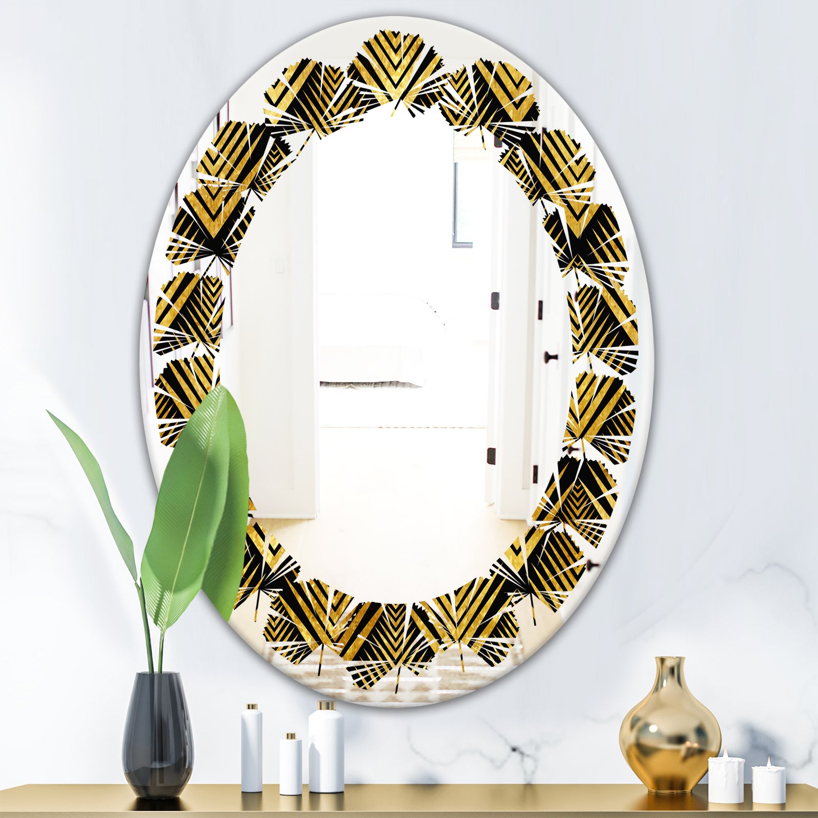 Art Deco Seal pattern - Modern Round or Oval Wall Mirror - Leaves