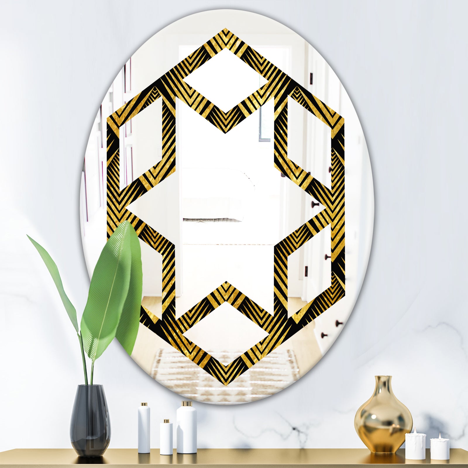 Art Deco Seal pattern - Modern Round or Oval Wall Mirror - Hexagon Star
